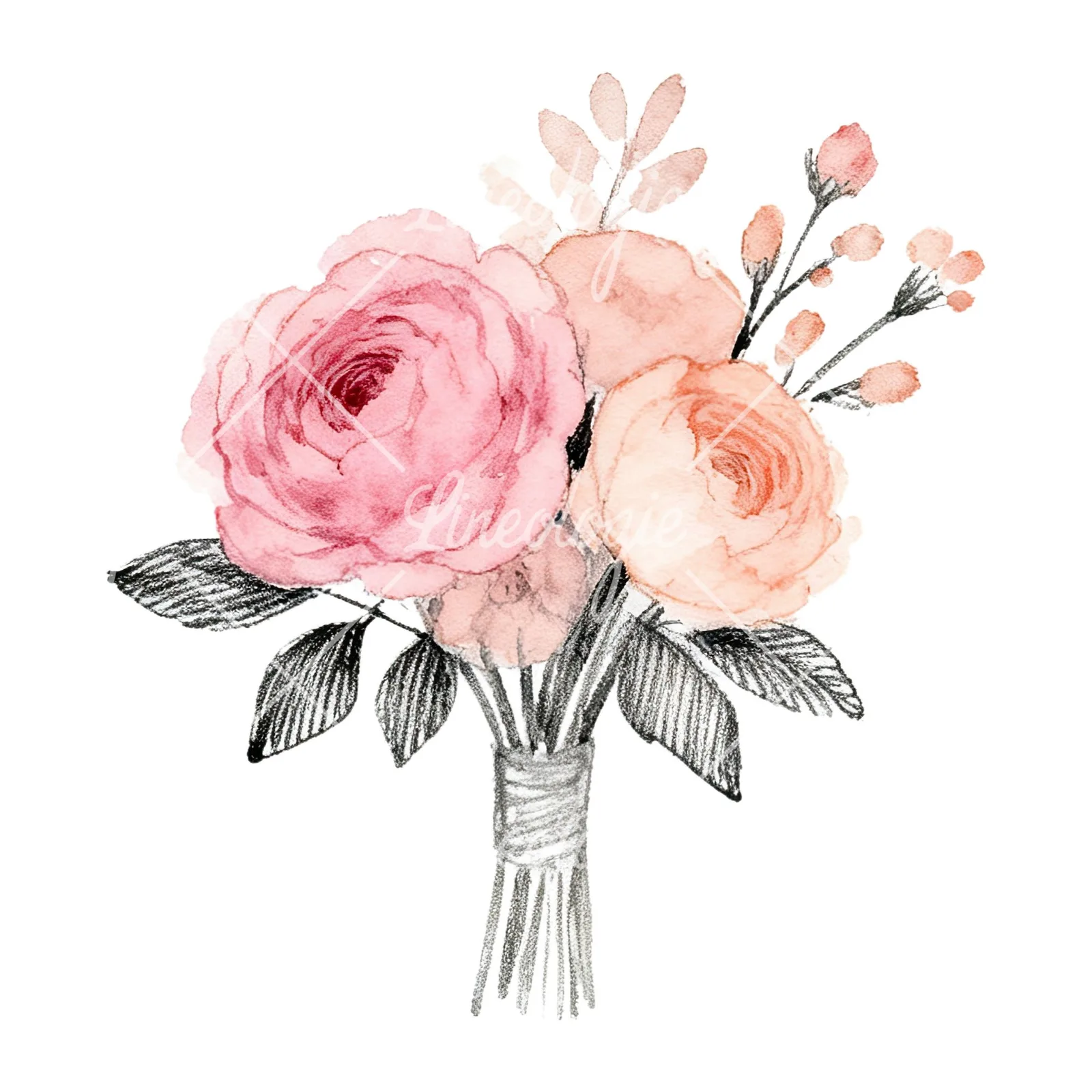 Watercolor blush pink peach wedding bouquet clipart 5 of 12 on a white background (JPG)