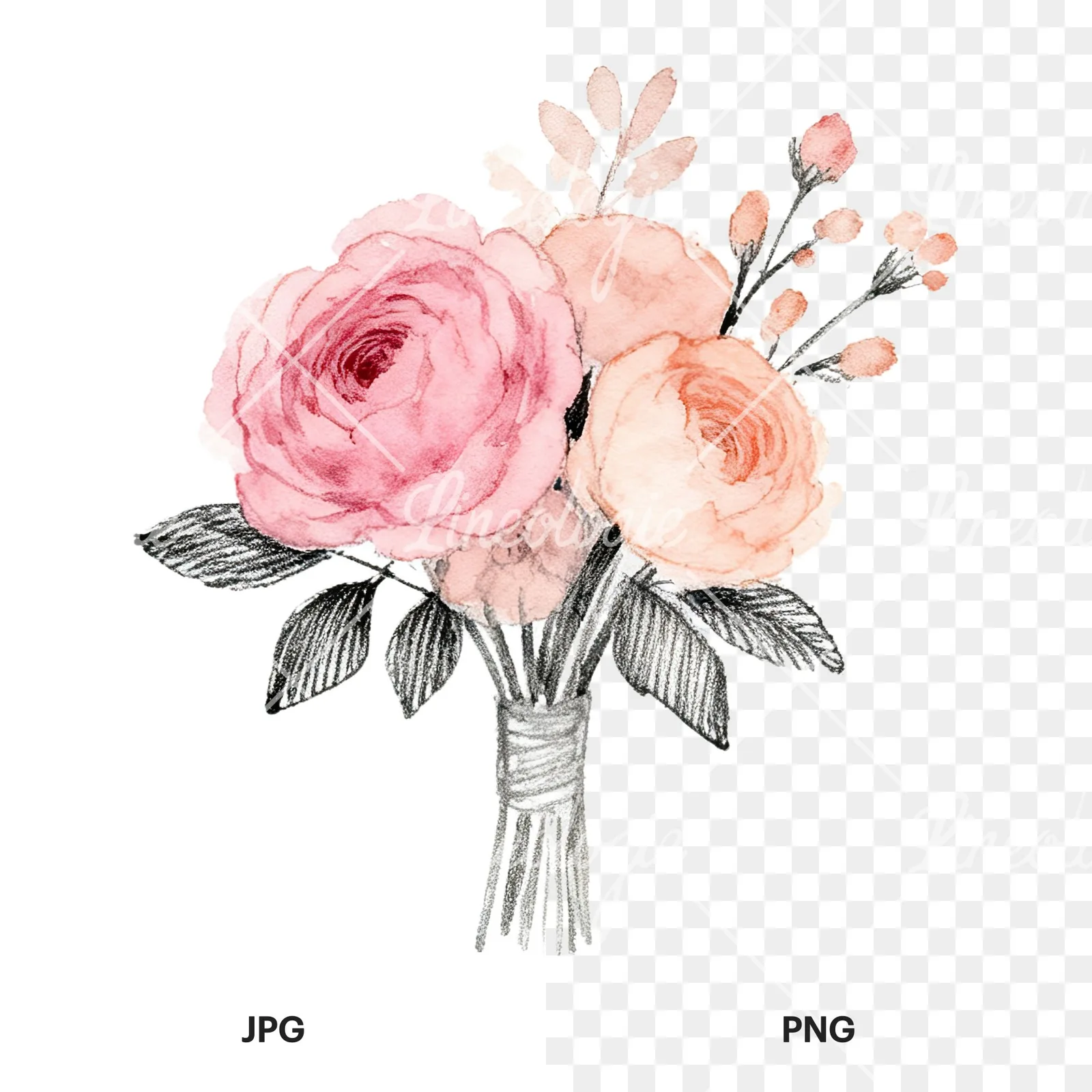 Watercolor blush pink peach wedding bouquet clipart 5 of 12, as a JPG on white and a transparent PNG