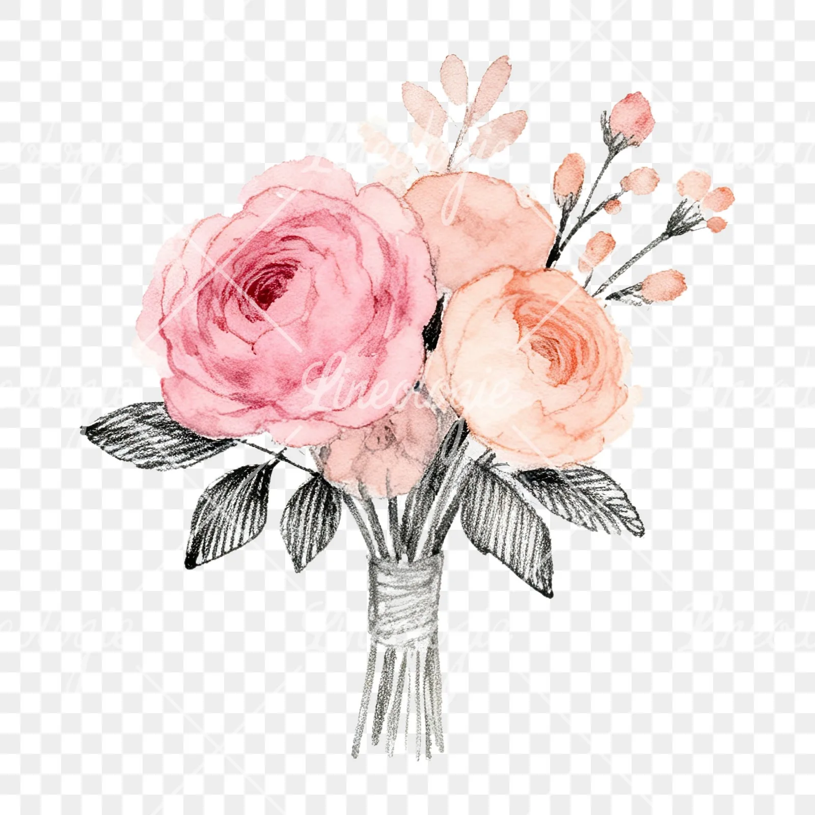 Watercolor blush pink peach wedding bouquet clipart 5 of 12 on a transparent background (PNG)