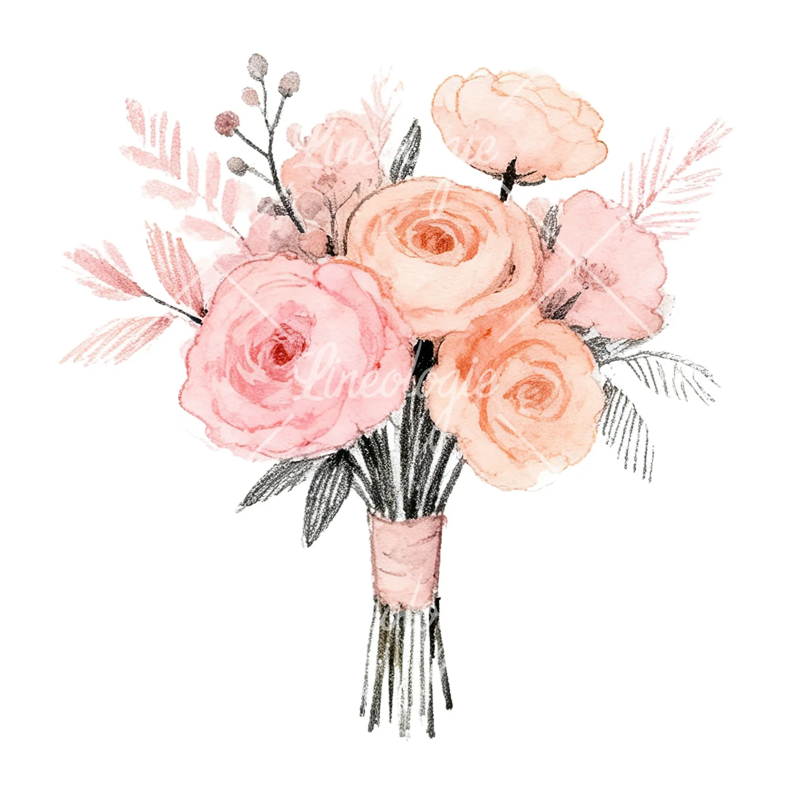 Watercolor blush pink peach wedding bouquet clipart 6 of 12 on a white background (JPG)