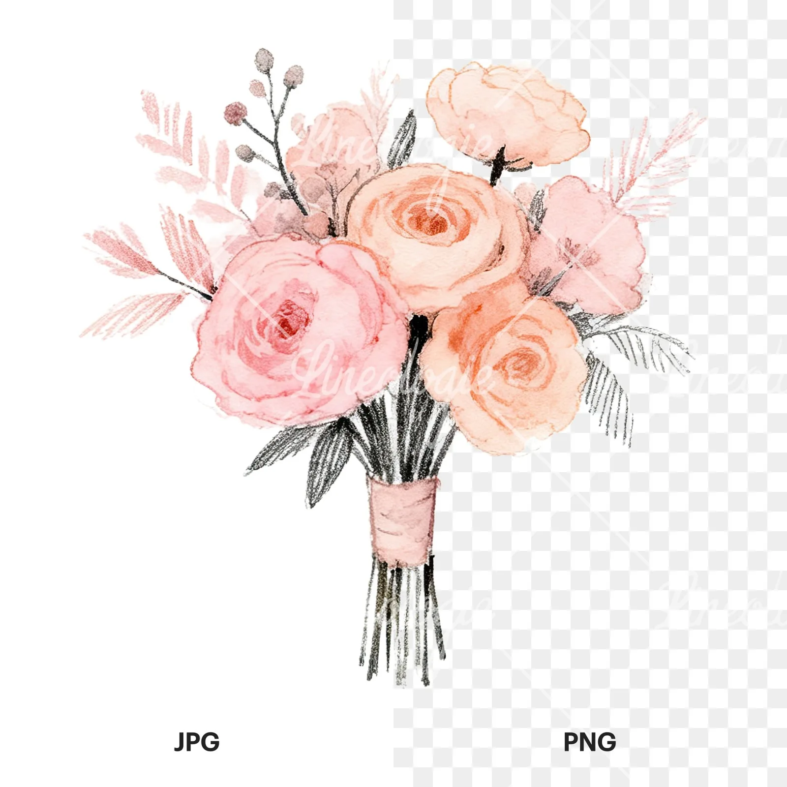 Watercolor blush pink peach wedding bouquet clipart 6 of 12, as a JPG on white and a transparent PNG