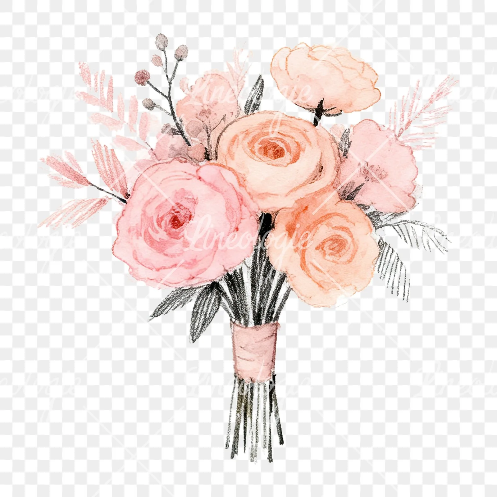 Watercolor blush pink peach wedding bouquet clipart 6 of 12 on a transparent background (PNG)