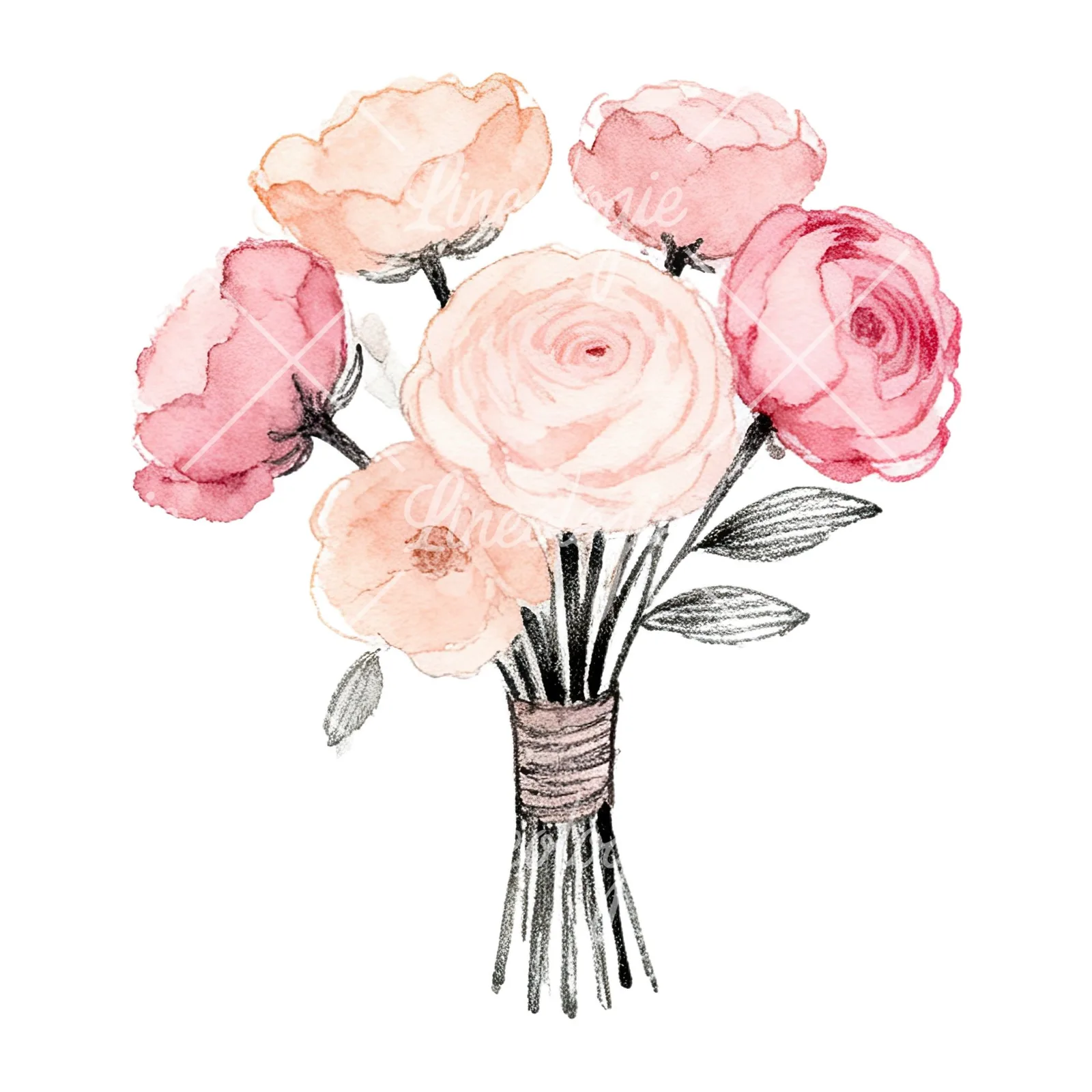 Watercolor blush pink peach wedding bouquet clipart 7 of 12 on a white background (JPG)