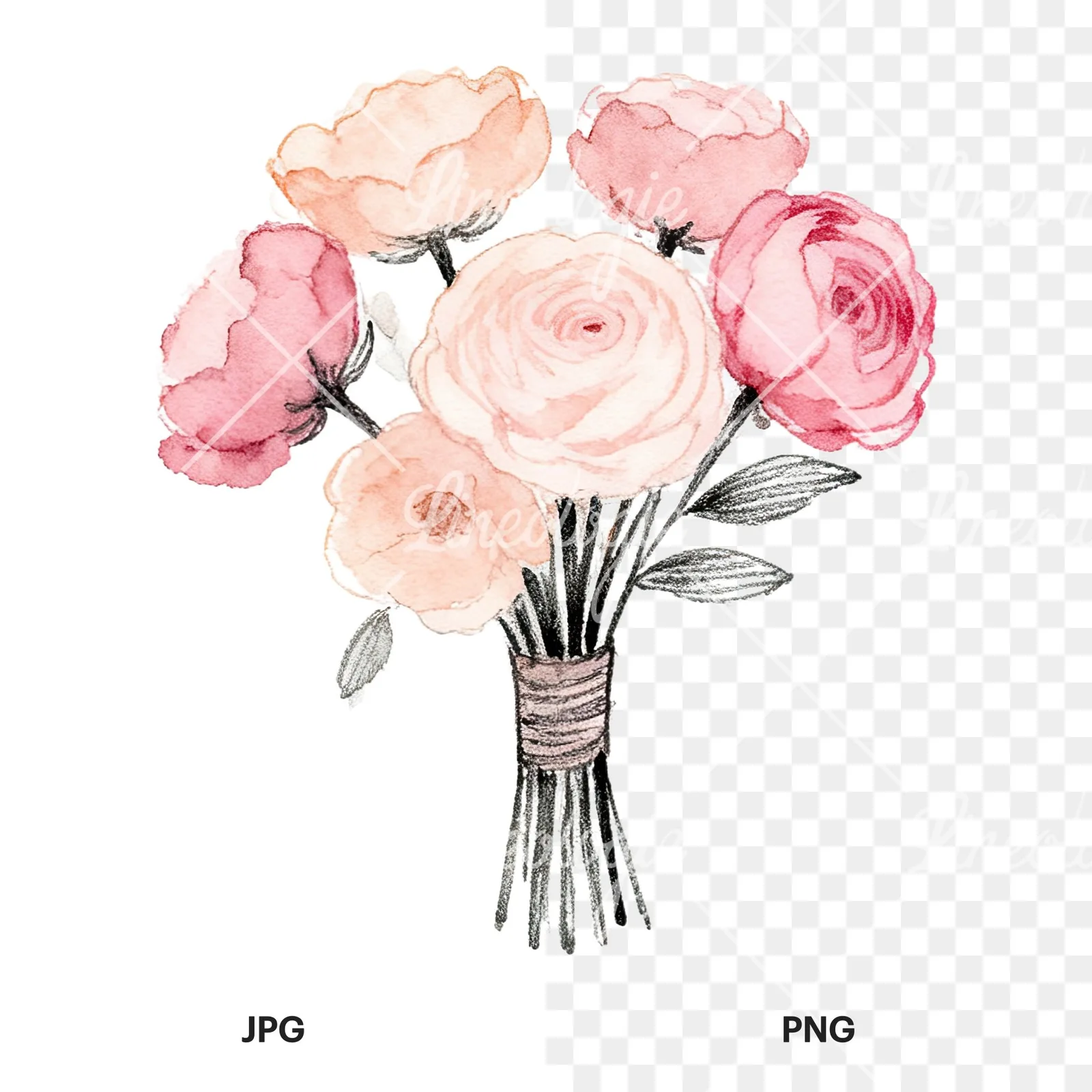 Watercolor blush pink peach wedding bouquet clipart 7 of 12, as a JPG on white and a transparent PNG