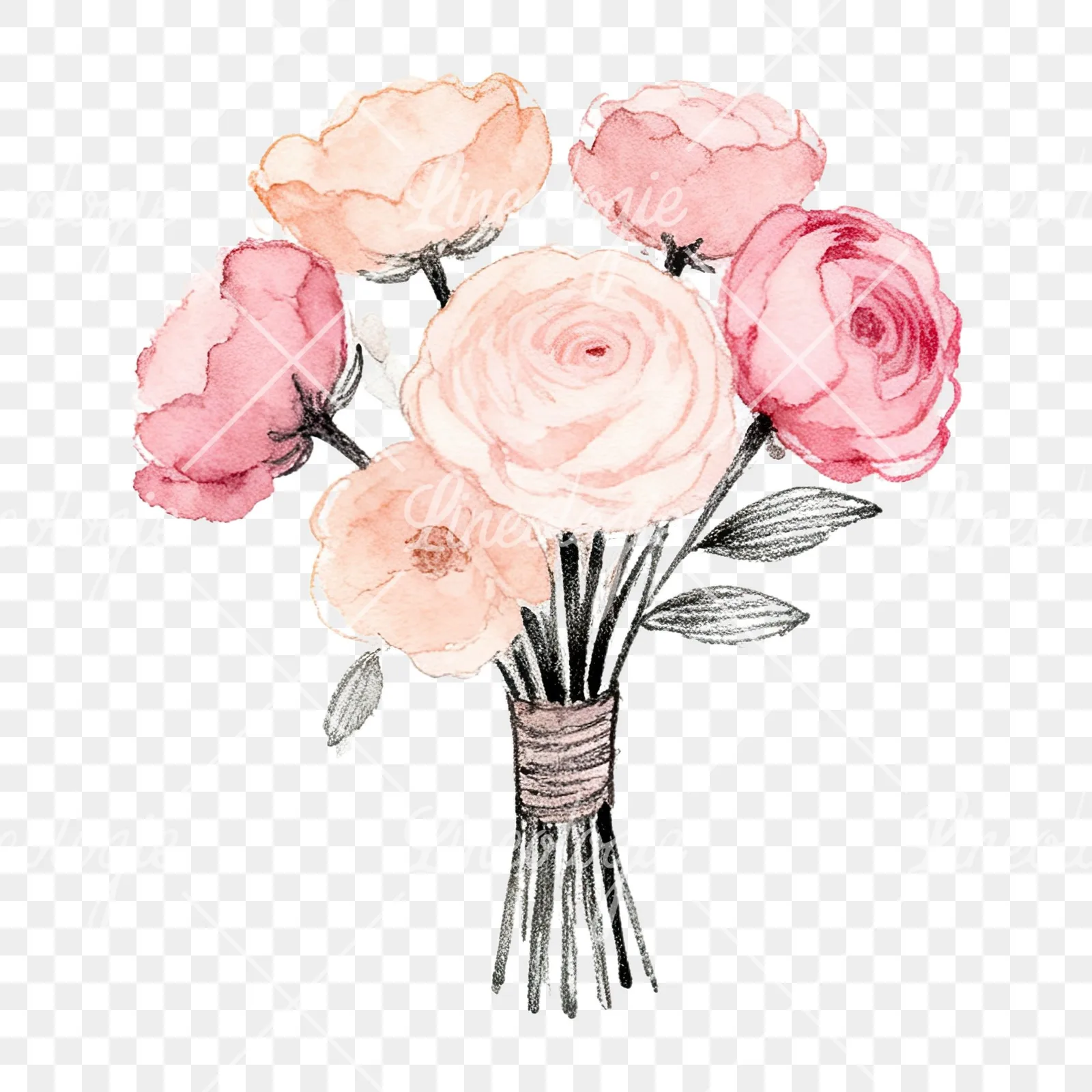 Watercolor blush pink peach wedding bouquet clipart 7 of 12 on a transparent background (PNG)