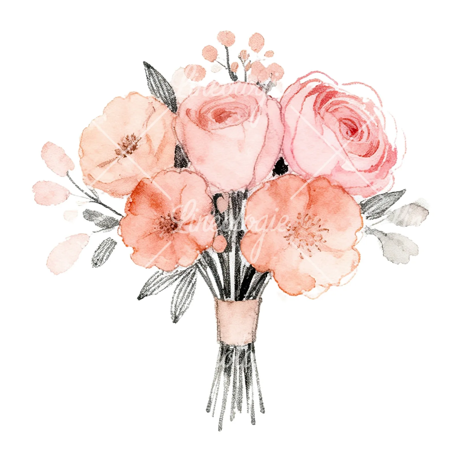 Watercolor blush pink peach wedding bouquet clipart 8 of 12 on a white background (JPG)