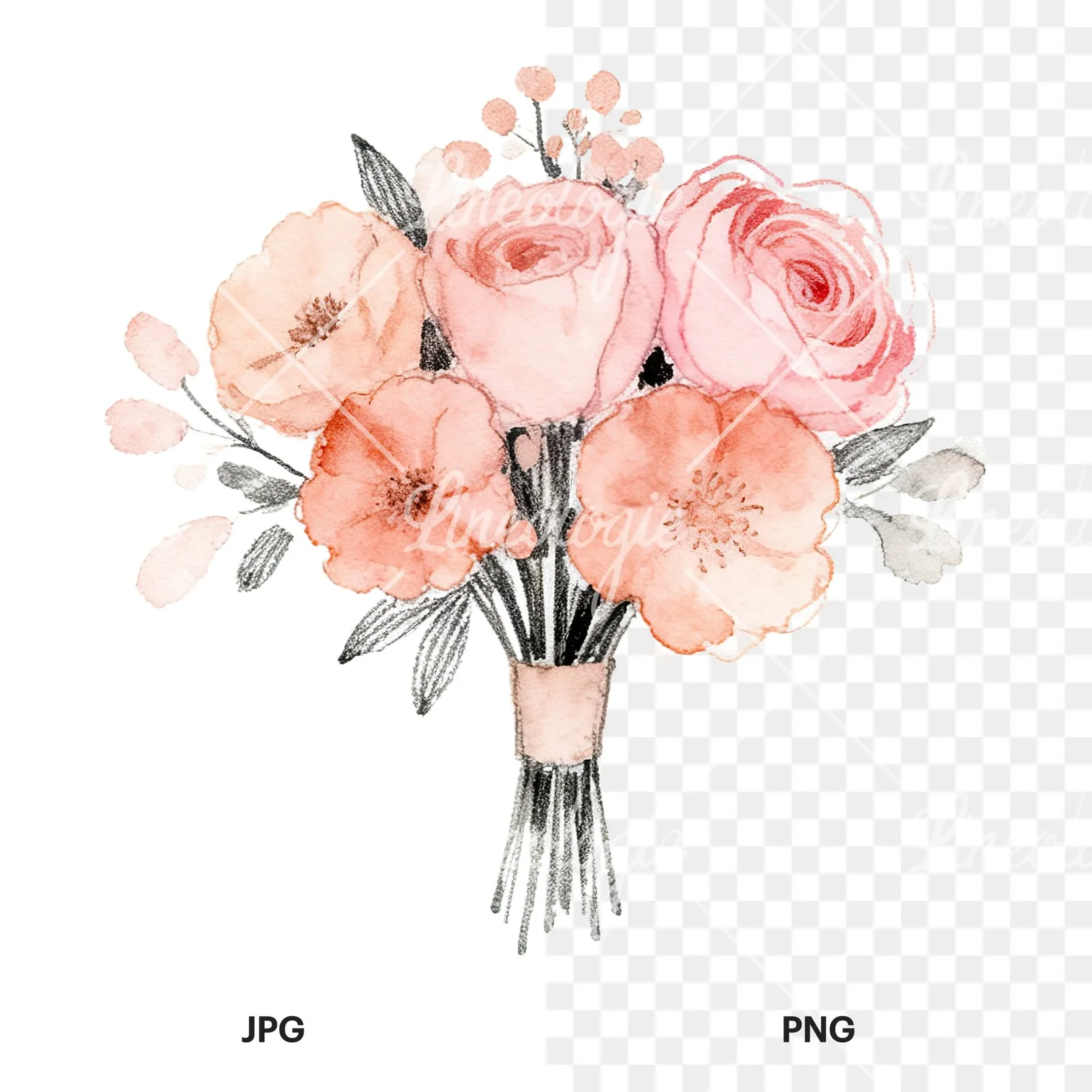 Watercolor blush pink peach wedding bouquet clipart 8 of 12, as a JPG on white and a transparent PNG