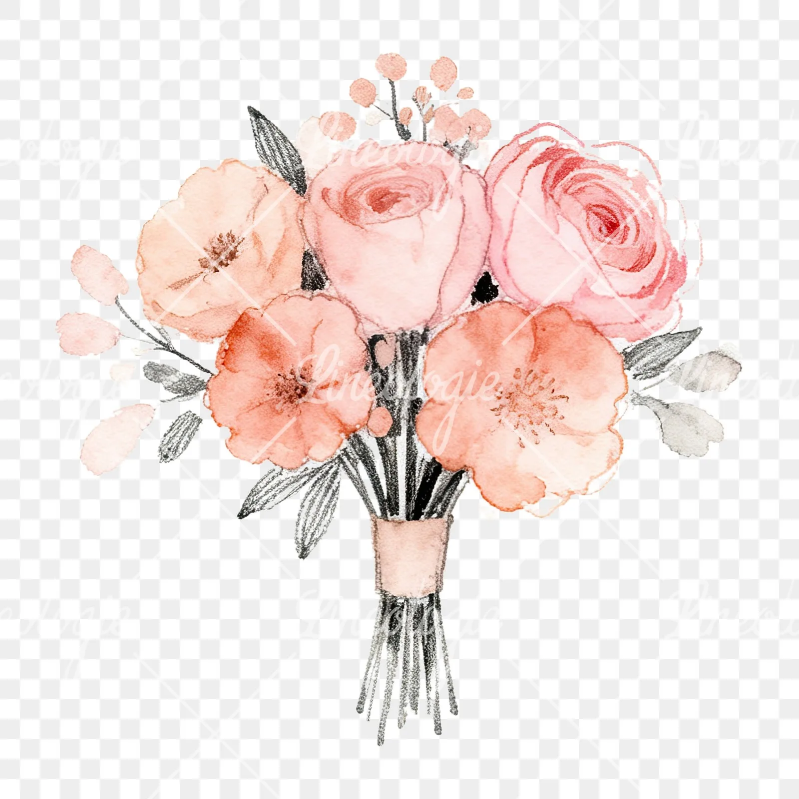 Watercolor blush pink peach wedding bouquet clipart 8 of 12 on a transparent background (PNG)