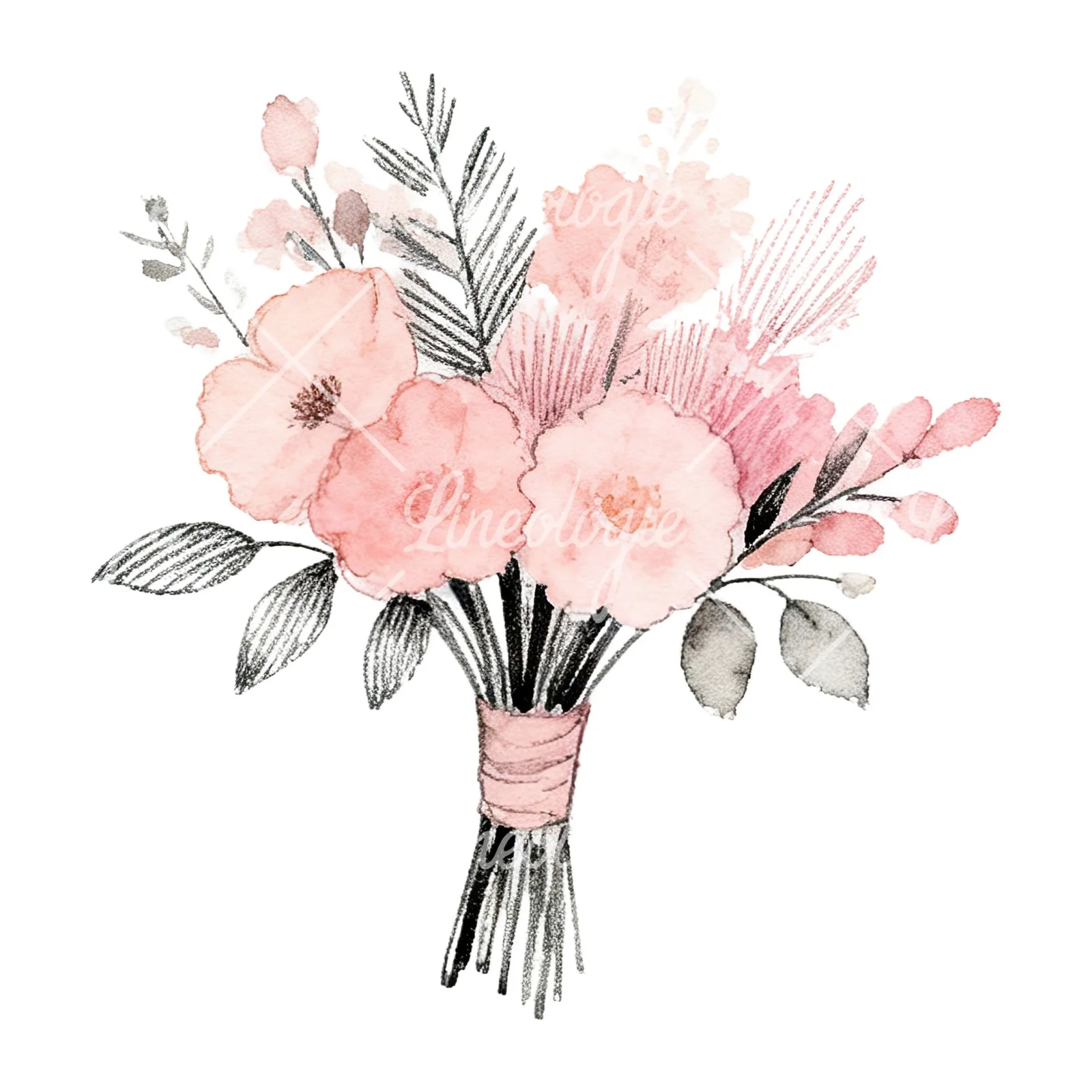 Watercolor blush pink peach wedding bouquet clipart 9 of 12 on a white background (JPG)