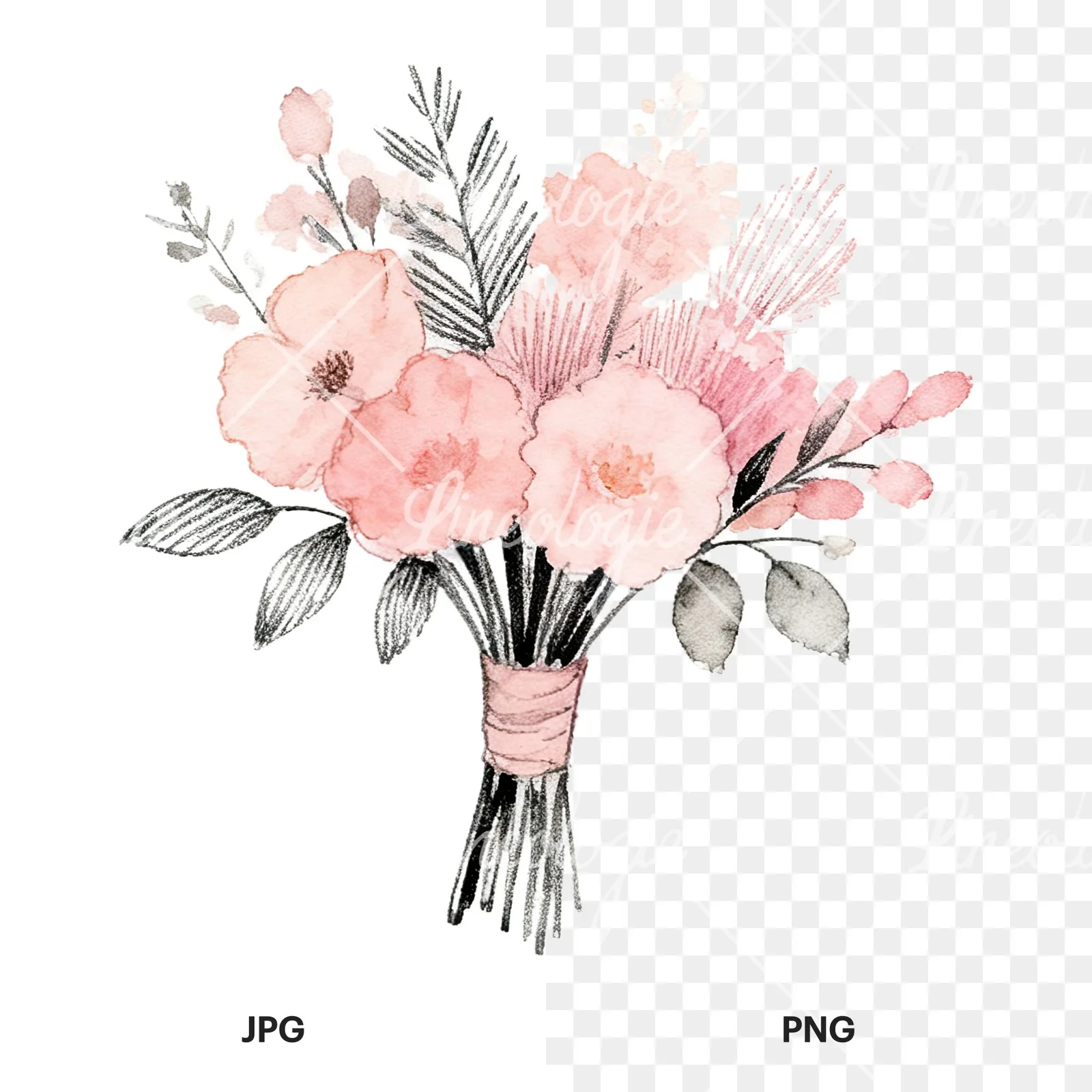 Watercolor blush pink peach wedding bouquet clipart 9 of 12, as a JPG on white and a transparent PNG