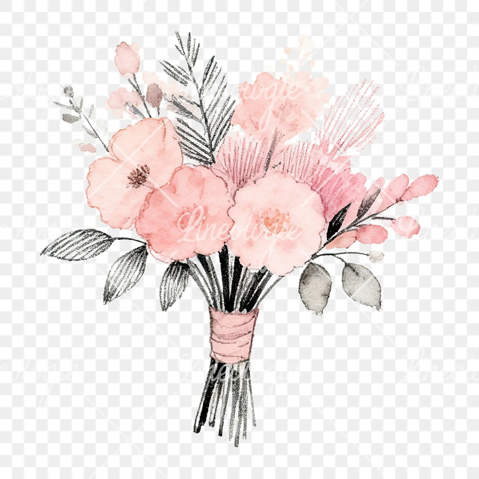 Watercolor blush pink peach wedding bouquet clipart 9 of 12 on a transparent background (PNG)