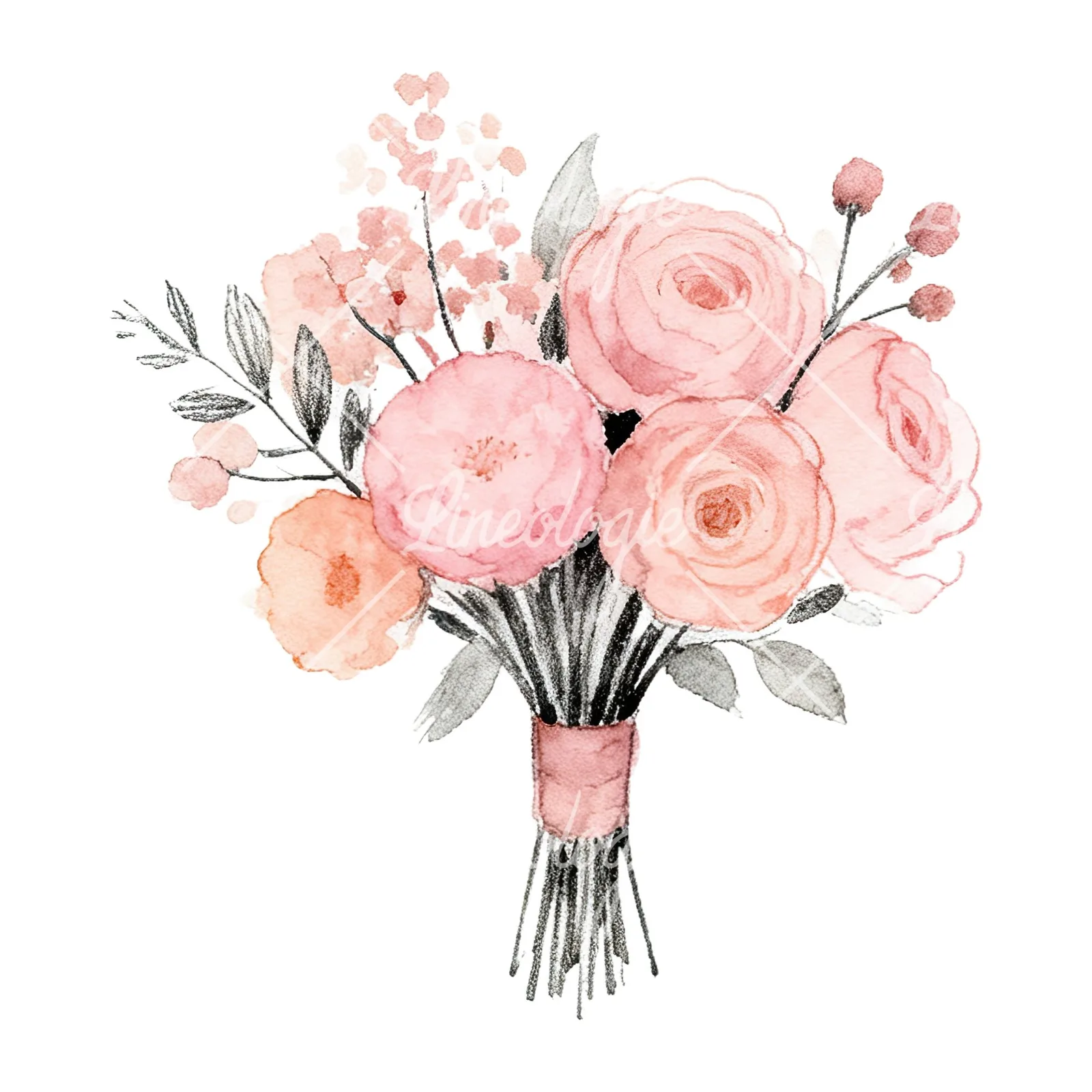 Watercolor blush pink peach wedding bouquet clipart 10 of 12 on a white background (JPG)