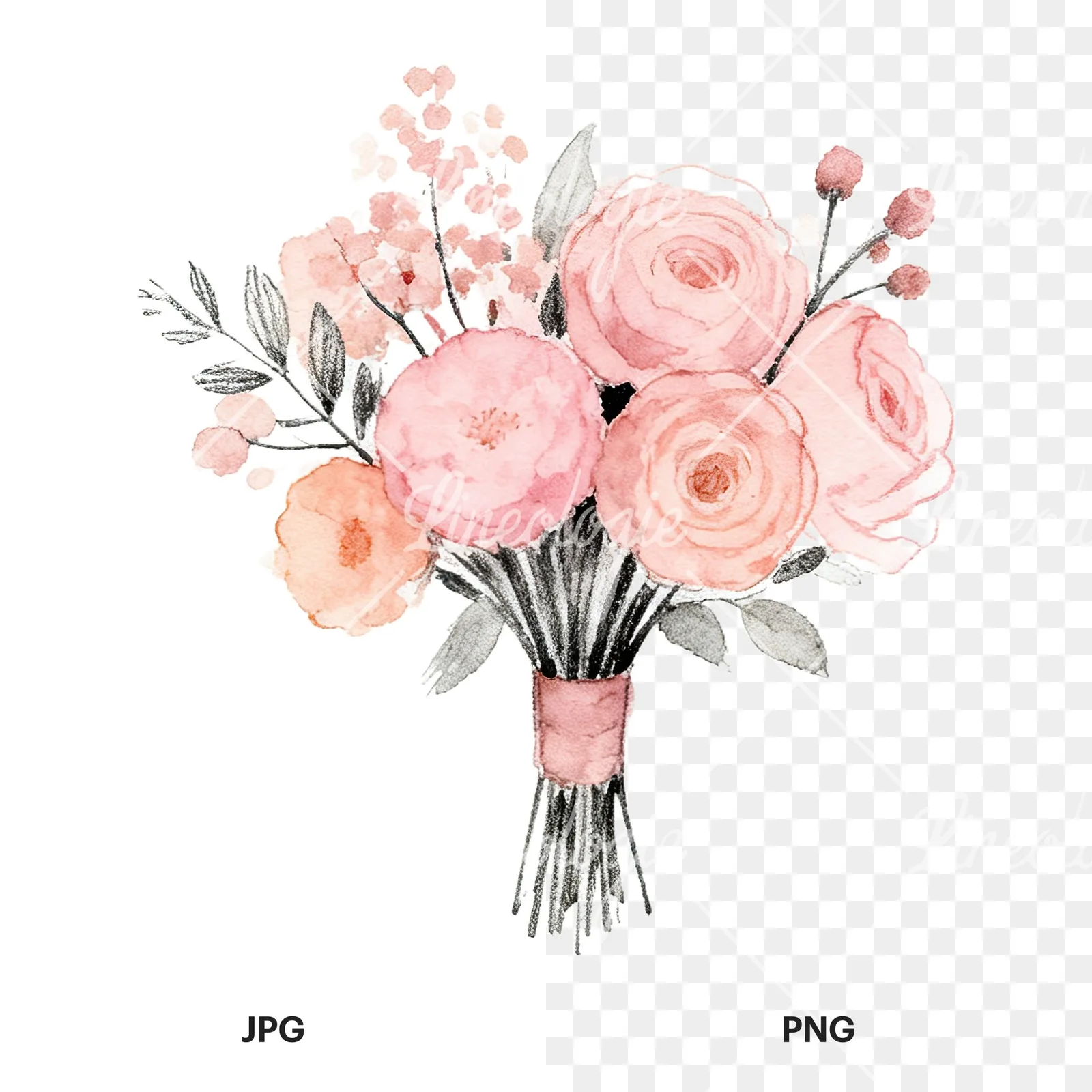 Watercolor blush pink peach wedding bouquet clipart 10 of 12, as a JPG on white and a transparent PNG