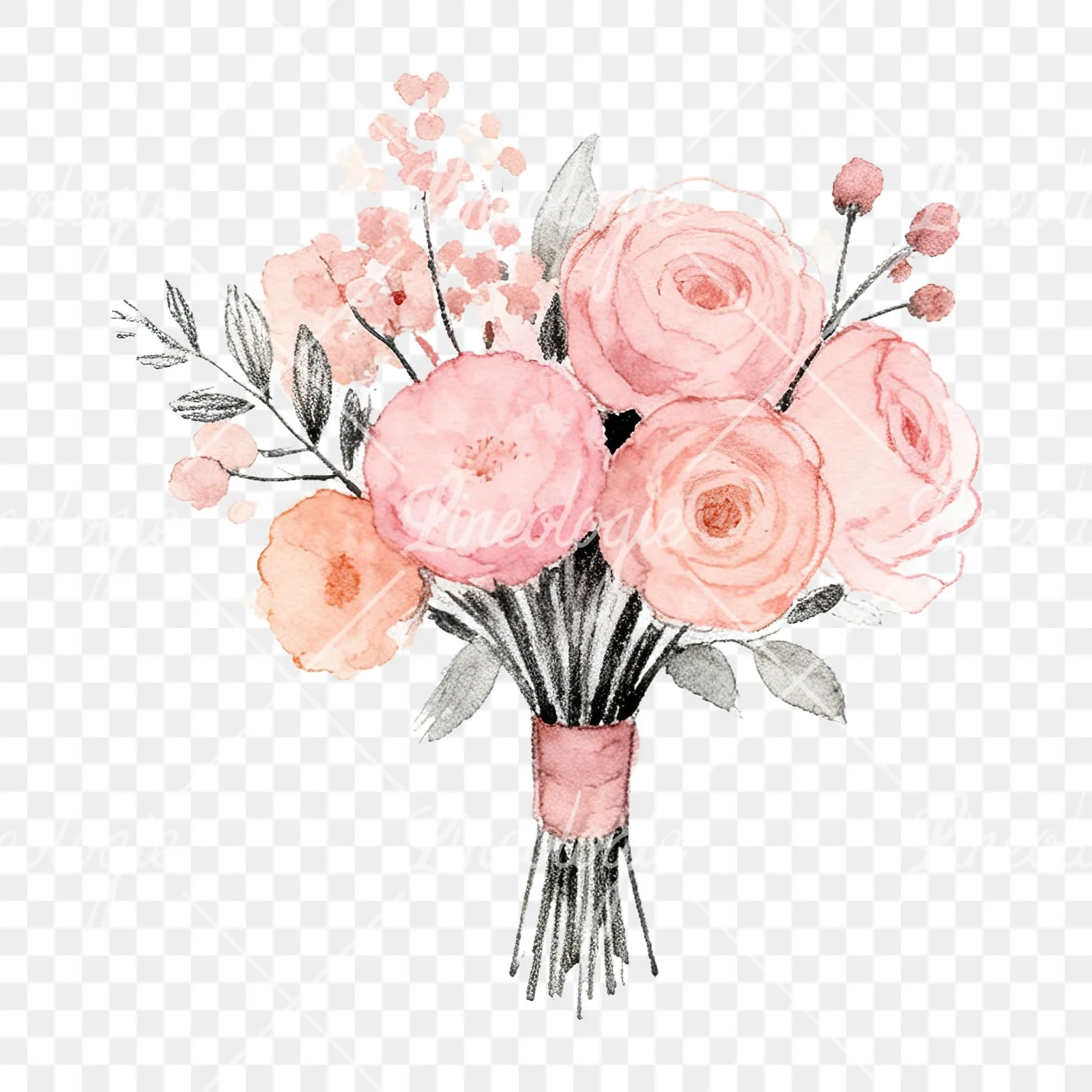 Watercolor blush pink peach wedding bouquet clipart 10 of 12 on a transparent background (PNG)