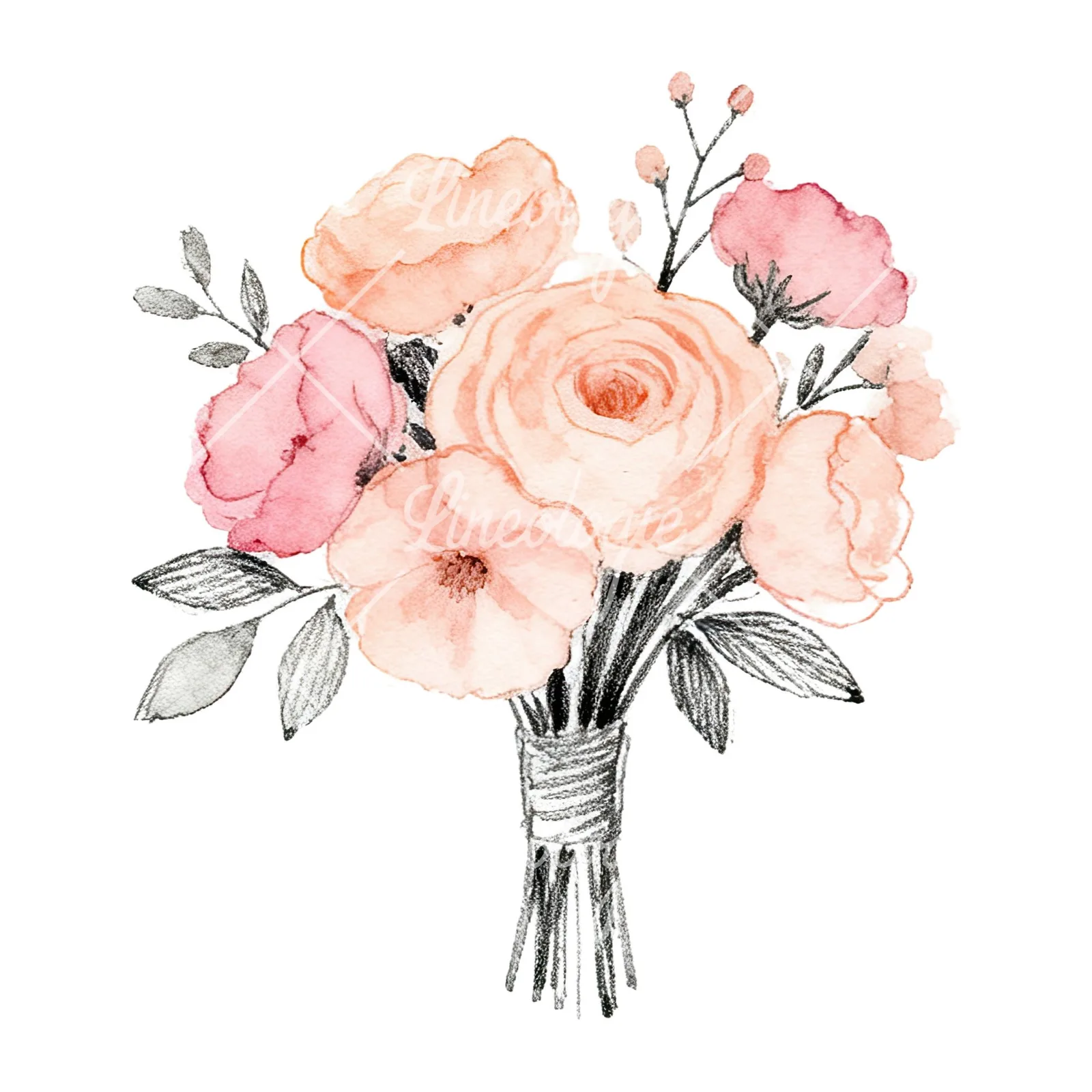 Watercolor blush pink peach wedding bouquet clipart 11 of 12 on a white background (JPG)