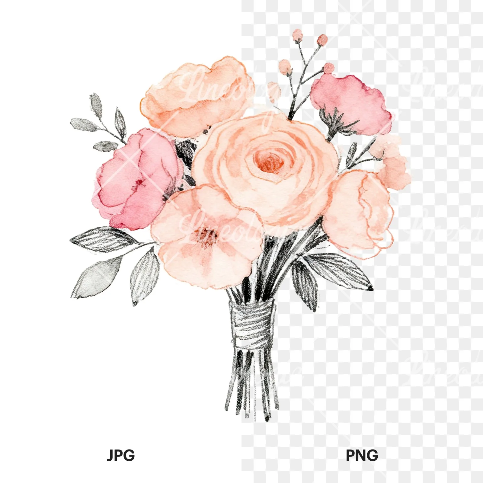 Watercolor blush pink peach wedding bouquet clipart 11 of 12, as a JPG on white and a transparent PNG