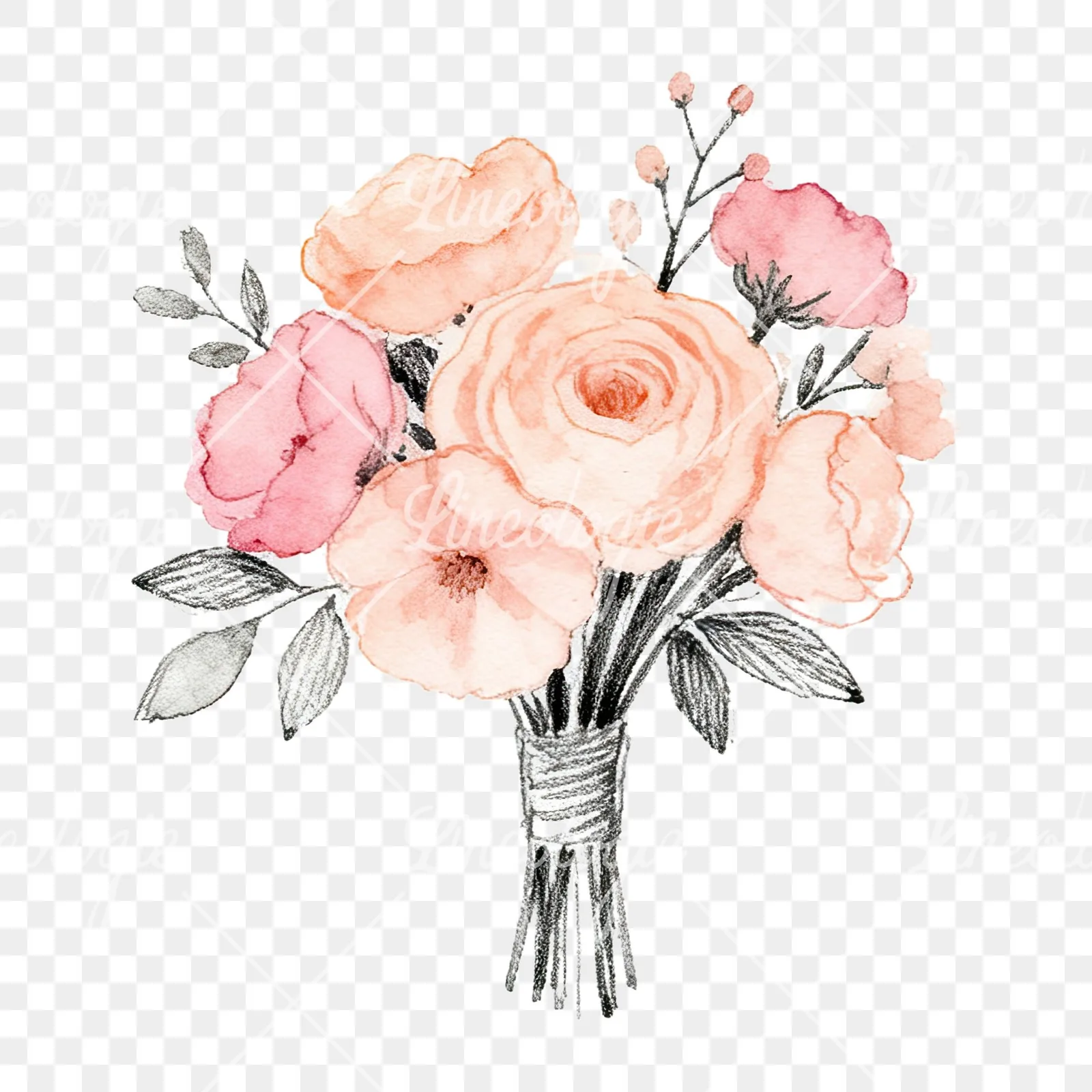 Watercolor blush pink peach wedding bouquet clipart 11 of 12 on a transparent background (PNG)