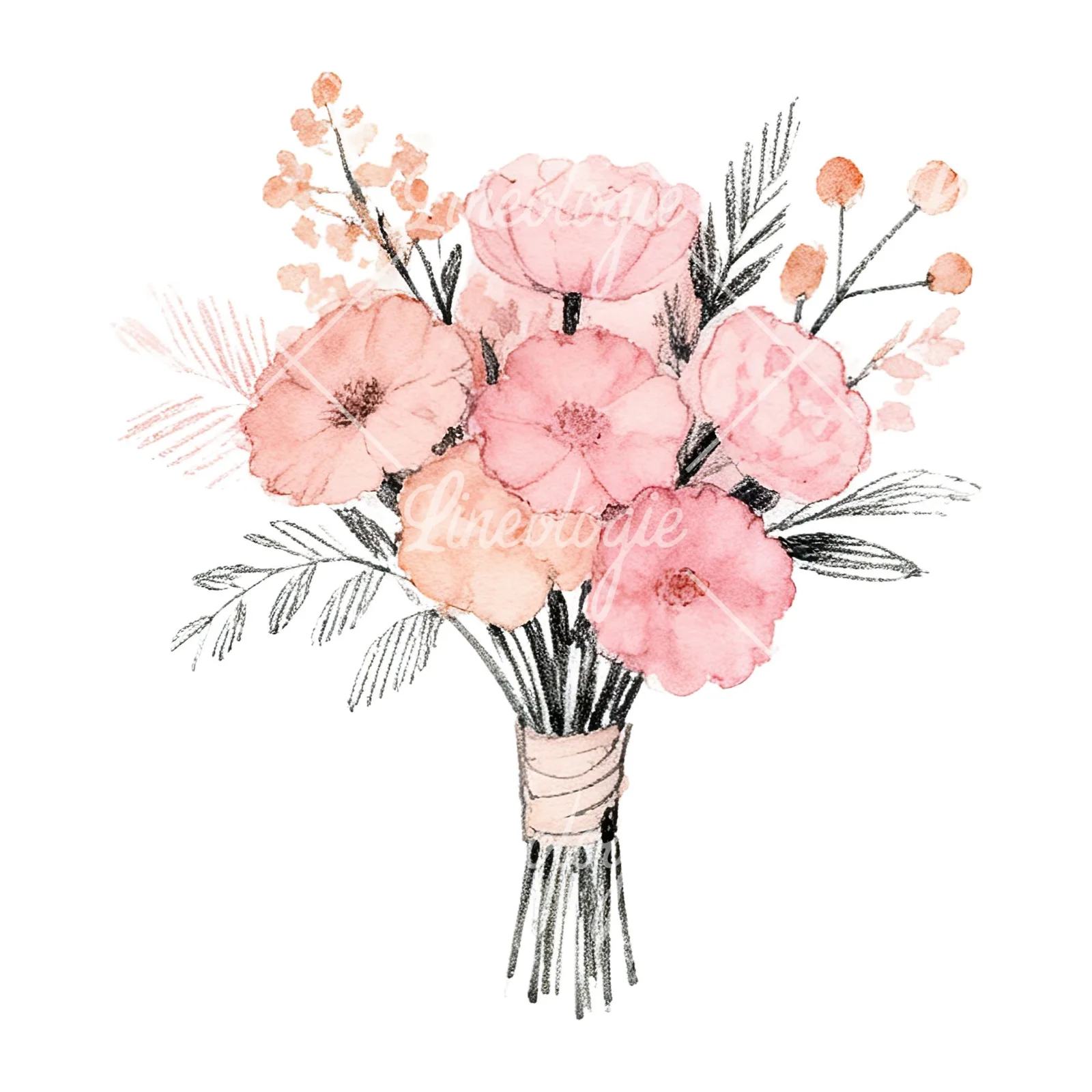 Watercolor blush pink peach wedding bouquet clipart 12 of 12 on a white background (JPG)