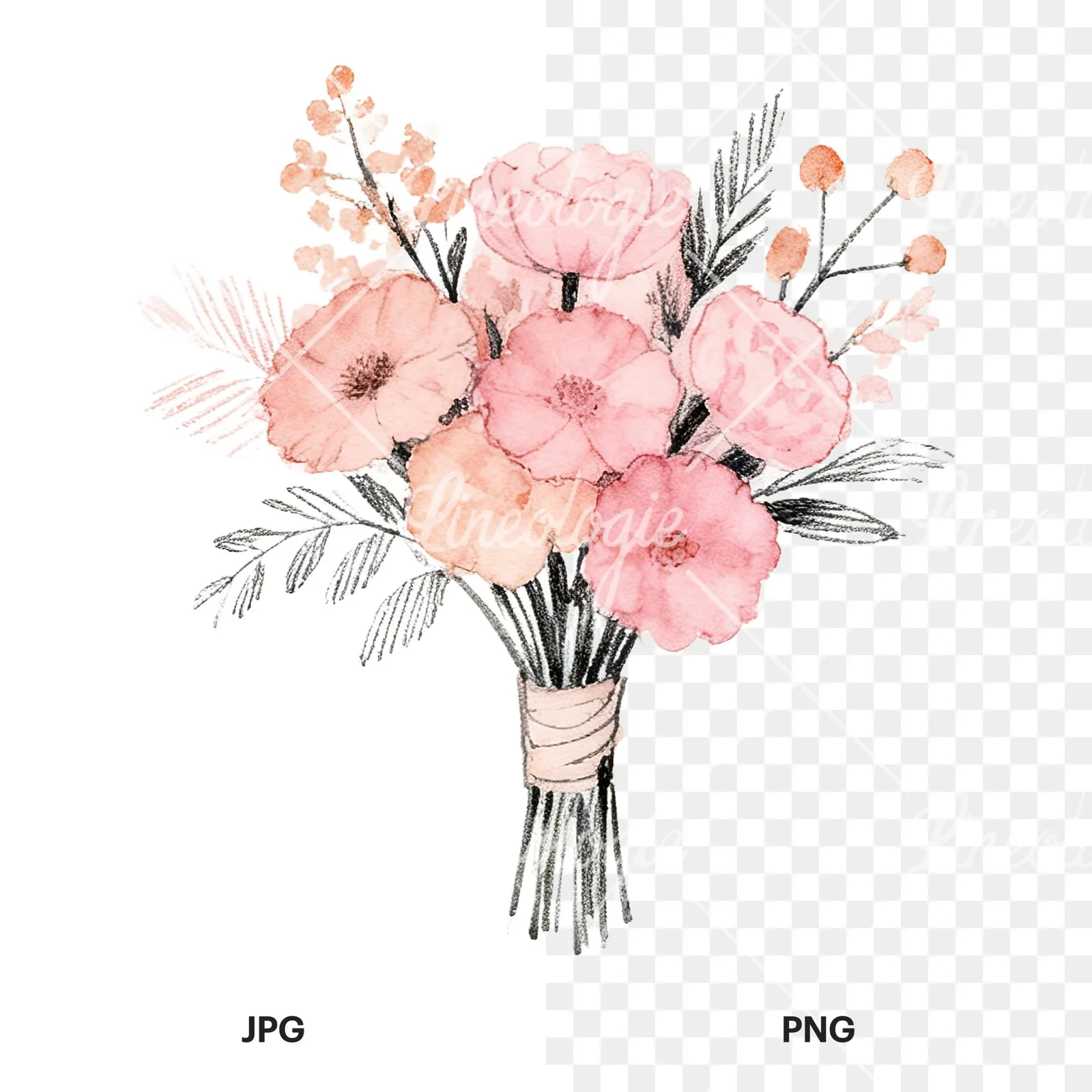 Watercolor blush pink peach wedding bouquet clipart 12 of 12, as a JPG on white and a transparent PNG