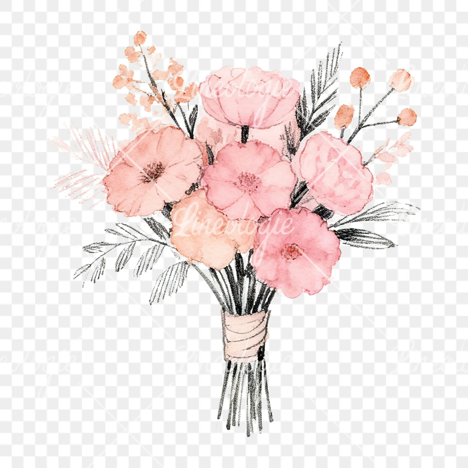 Watercolor blush pink peach wedding bouquet clipart 12 of 12 on a transparent background (PNG)