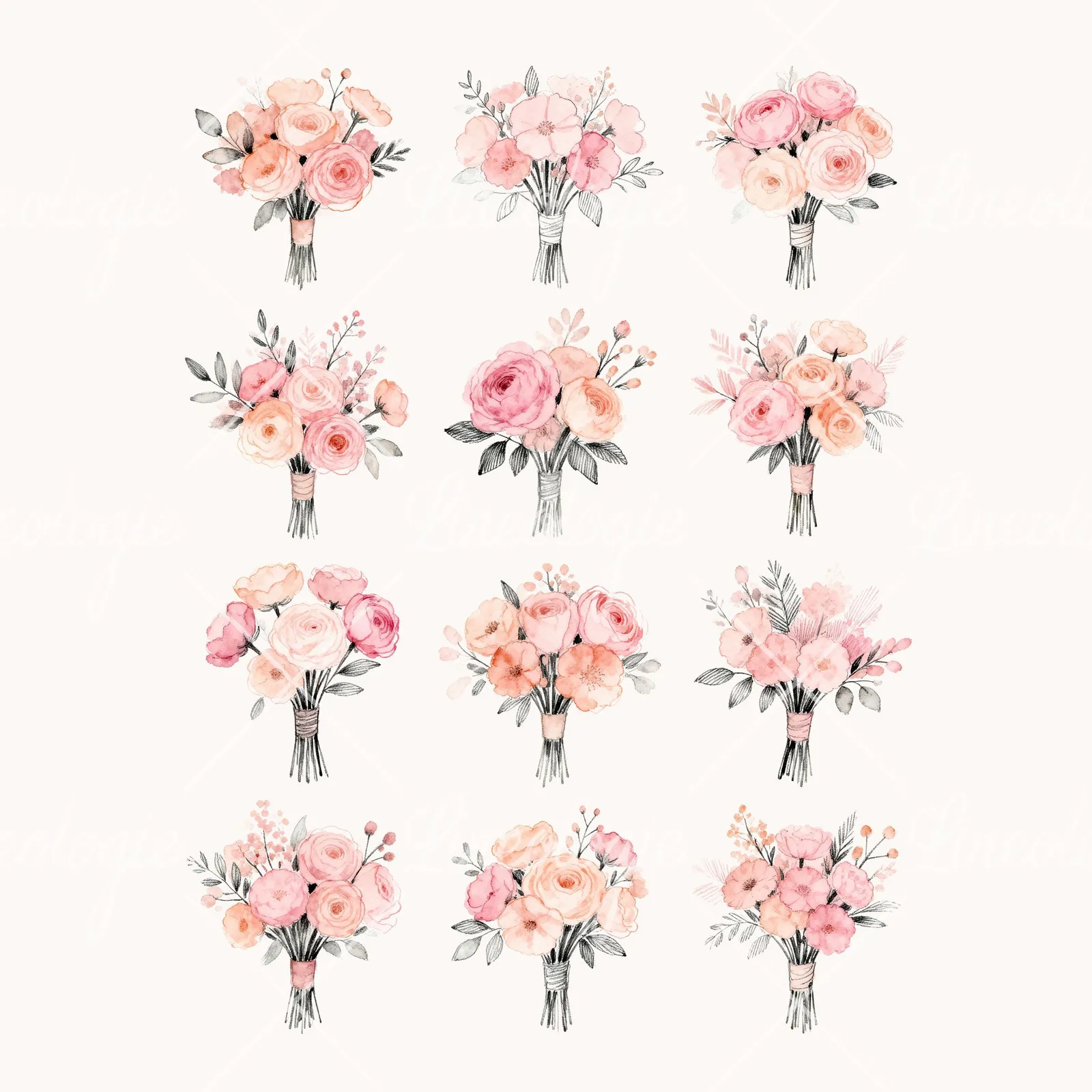 Watercolor Blush Pink Peach Wedding Bouquet Clipart, all 12 illustrations in the pack