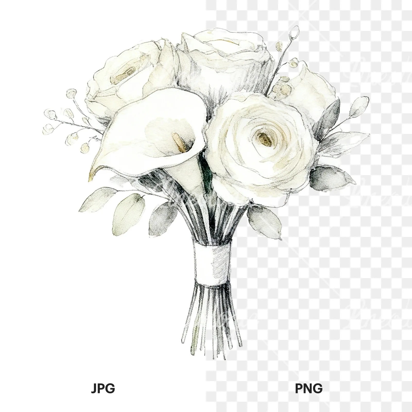 Watercolor champagne cream wedding bouquet clipart 1 of 12, as a JPG on white and a transparent PNG