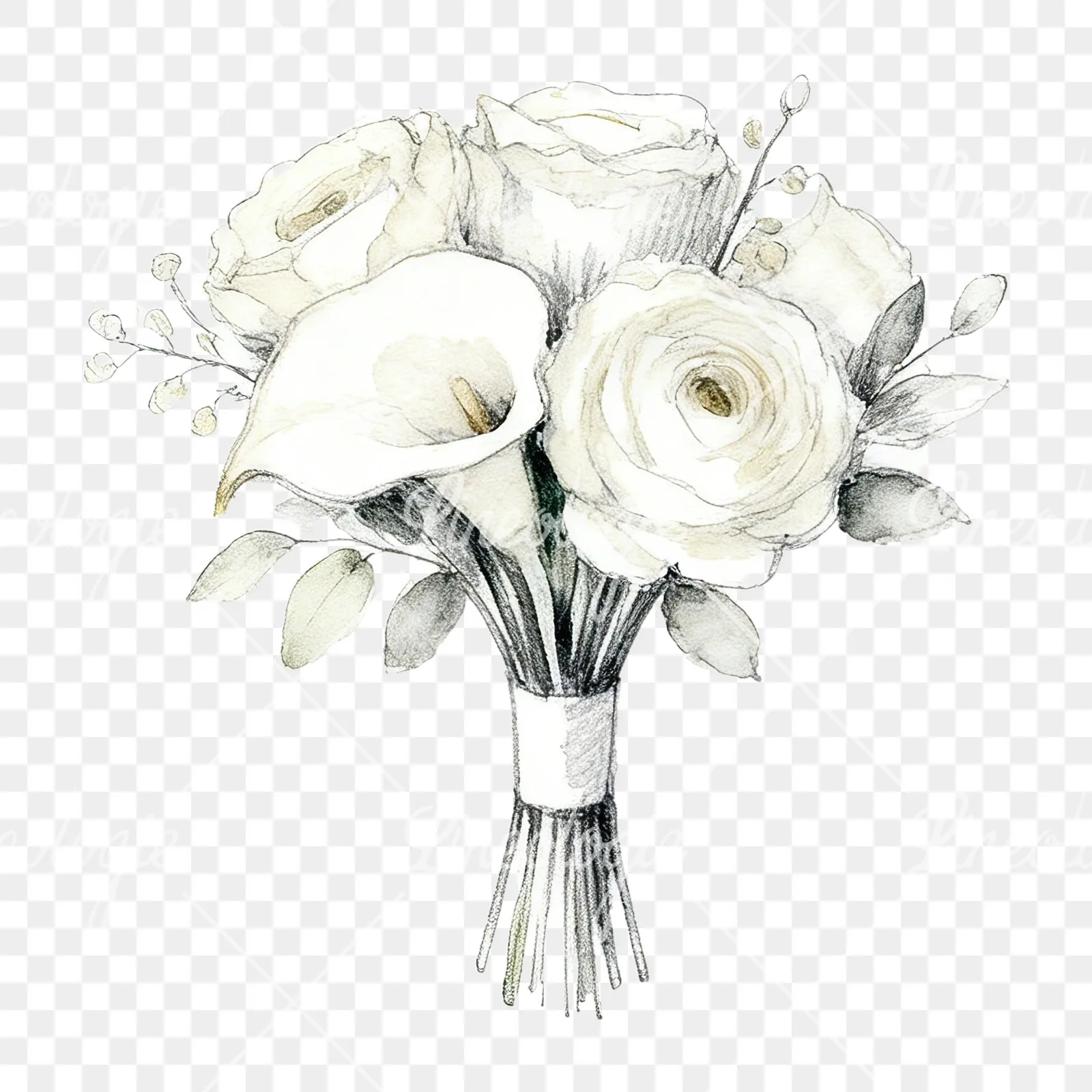 Watercolor champagne cream wedding bouquet clipart 1 of 12 on a transparent background (PNG)