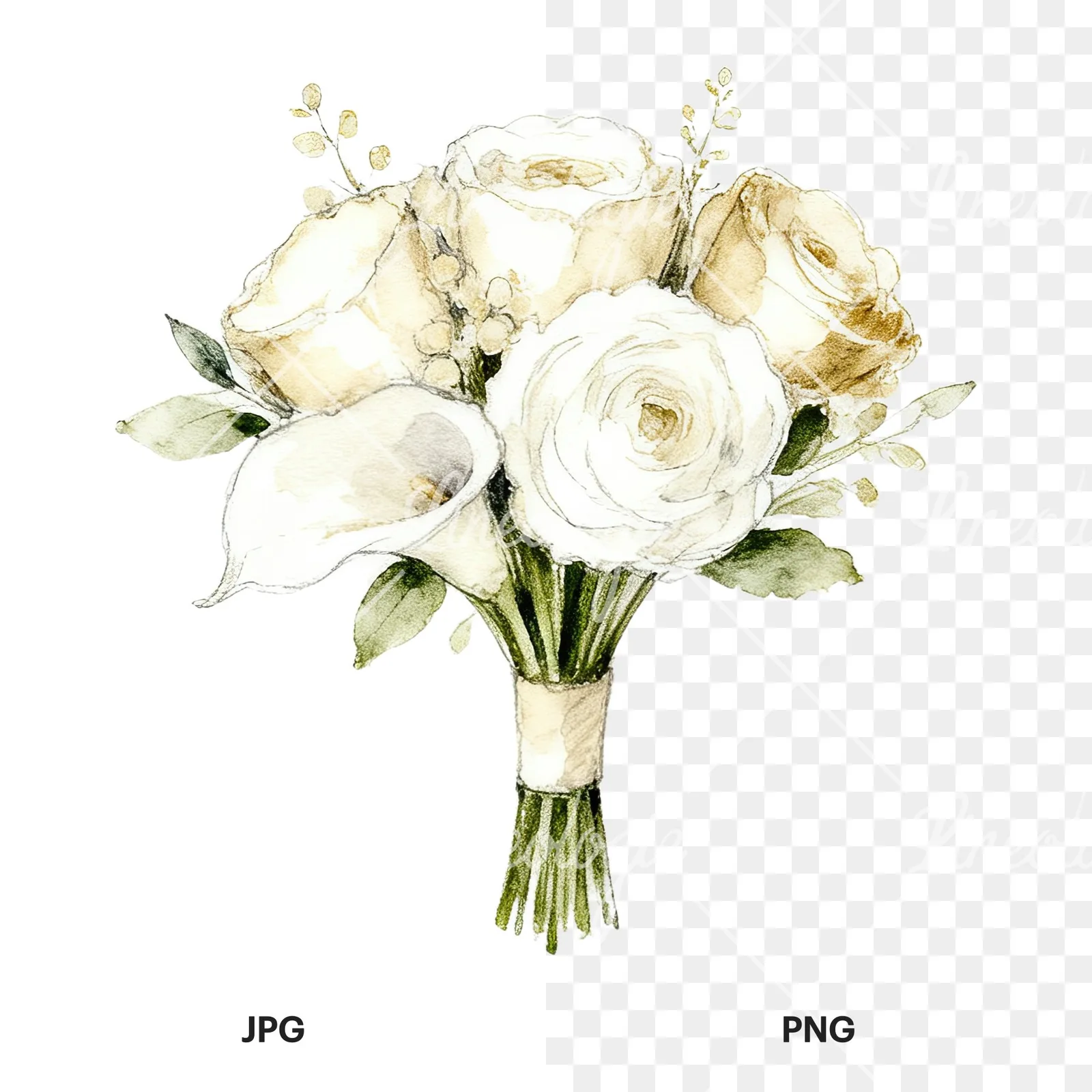 Watercolor champagne cream wedding bouquet clipart 2 of 12, as a JPG on white and a transparent PNG