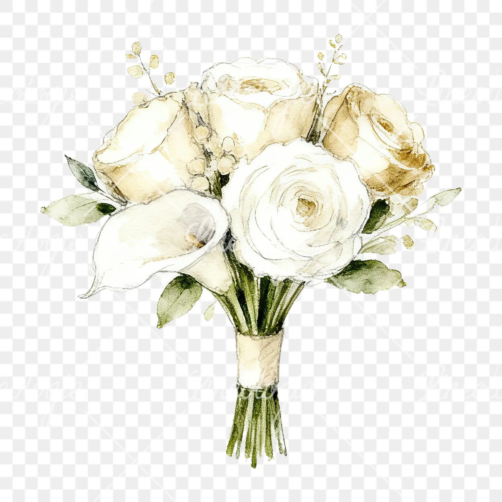 Watercolor champagne cream wedding bouquet clipart 2 of 12 on a transparent background (PNG)
