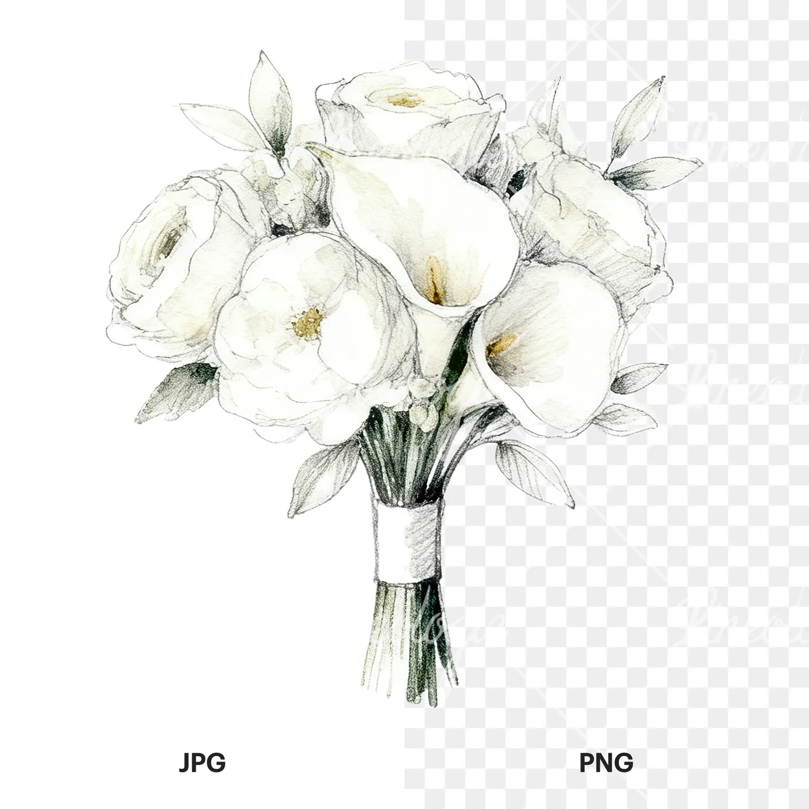 Watercolor champagne cream wedding bouquet clipart 3 of 12, as a JPG on white and a transparent PNG