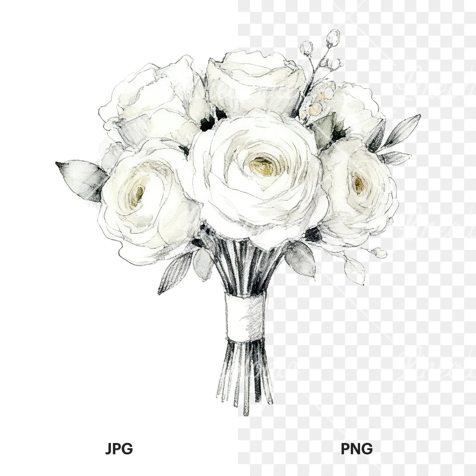 Watercolor champagne cream wedding bouquet clipart 4 of 12, as a JPG on white and a transparent PNG