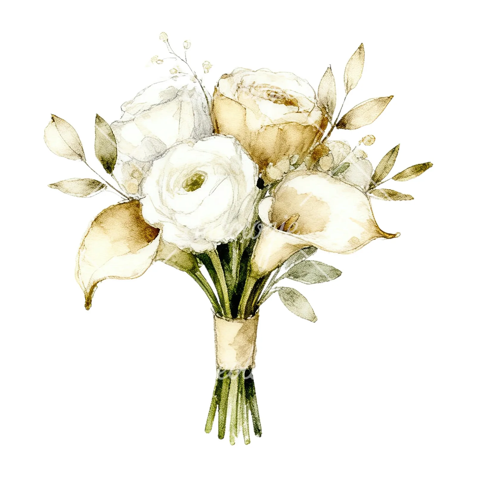 Watercolor champagne cream wedding bouquet clipart 5 of 12 on a white background (JPG)