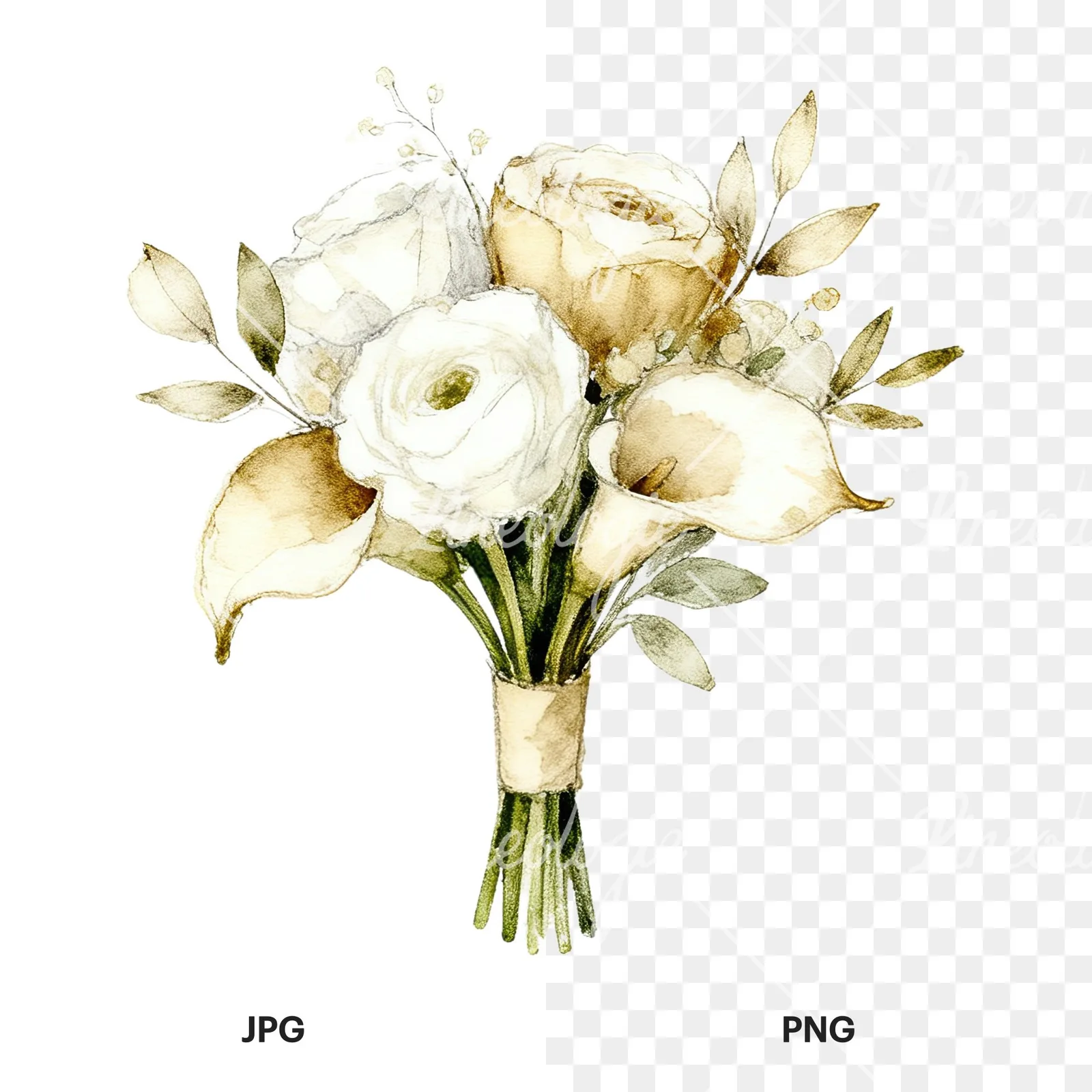 Watercolor champagne cream wedding bouquet clipart 5 of 12, as a JPG on white and a transparent PNG