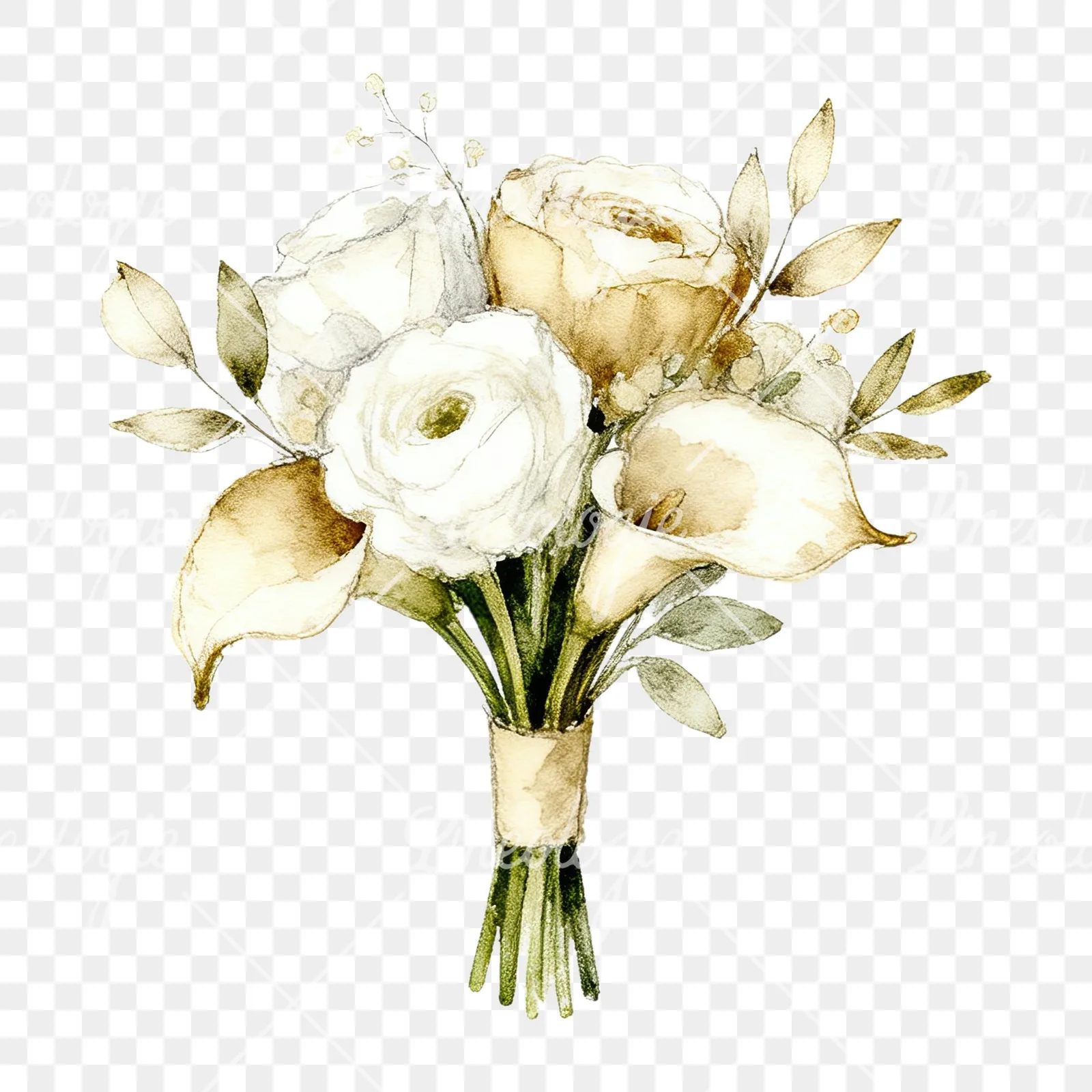 Watercolor champagne cream wedding bouquet clipart 5 of 12 on a transparent background (PNG)