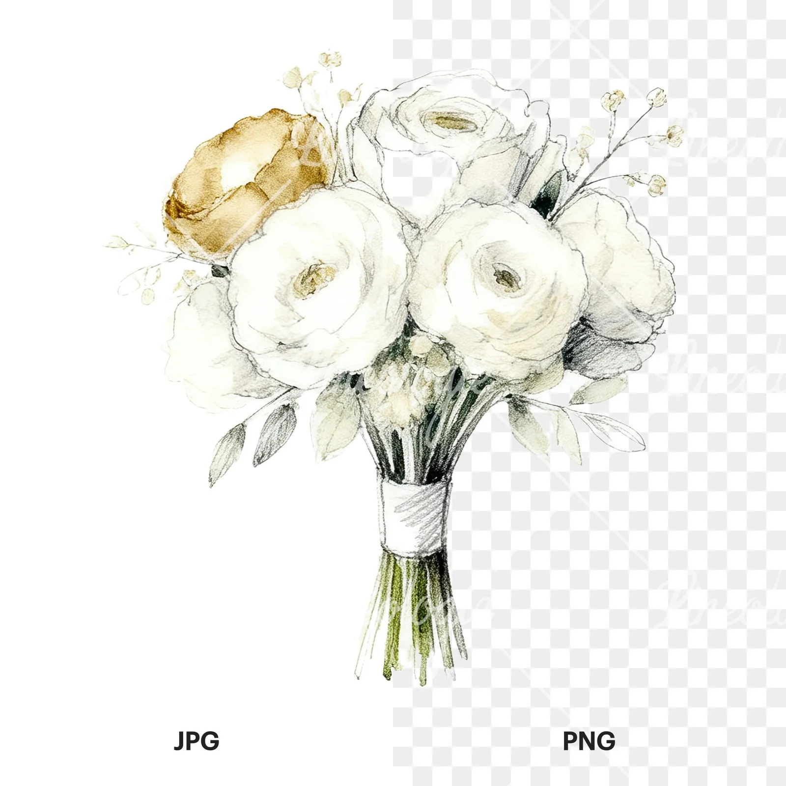 Watercolor champagne cream wedding bouquet clipart 6 of 12, as a JPG on white and a transparent PNG