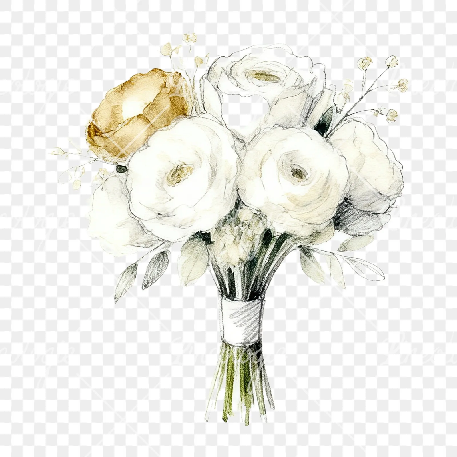 Watercolor champagne cream wedding bouquet clipart 6 of 12 on a transparent background (PNG)