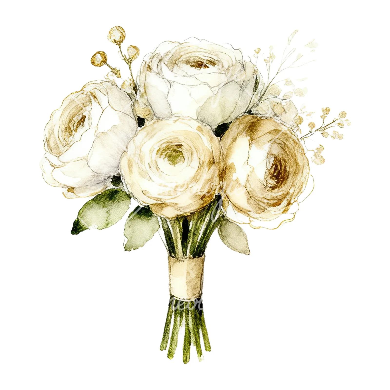 Watercolor champagne cream wedding bouquet clipart 7 of 12 on a white background (JPG)