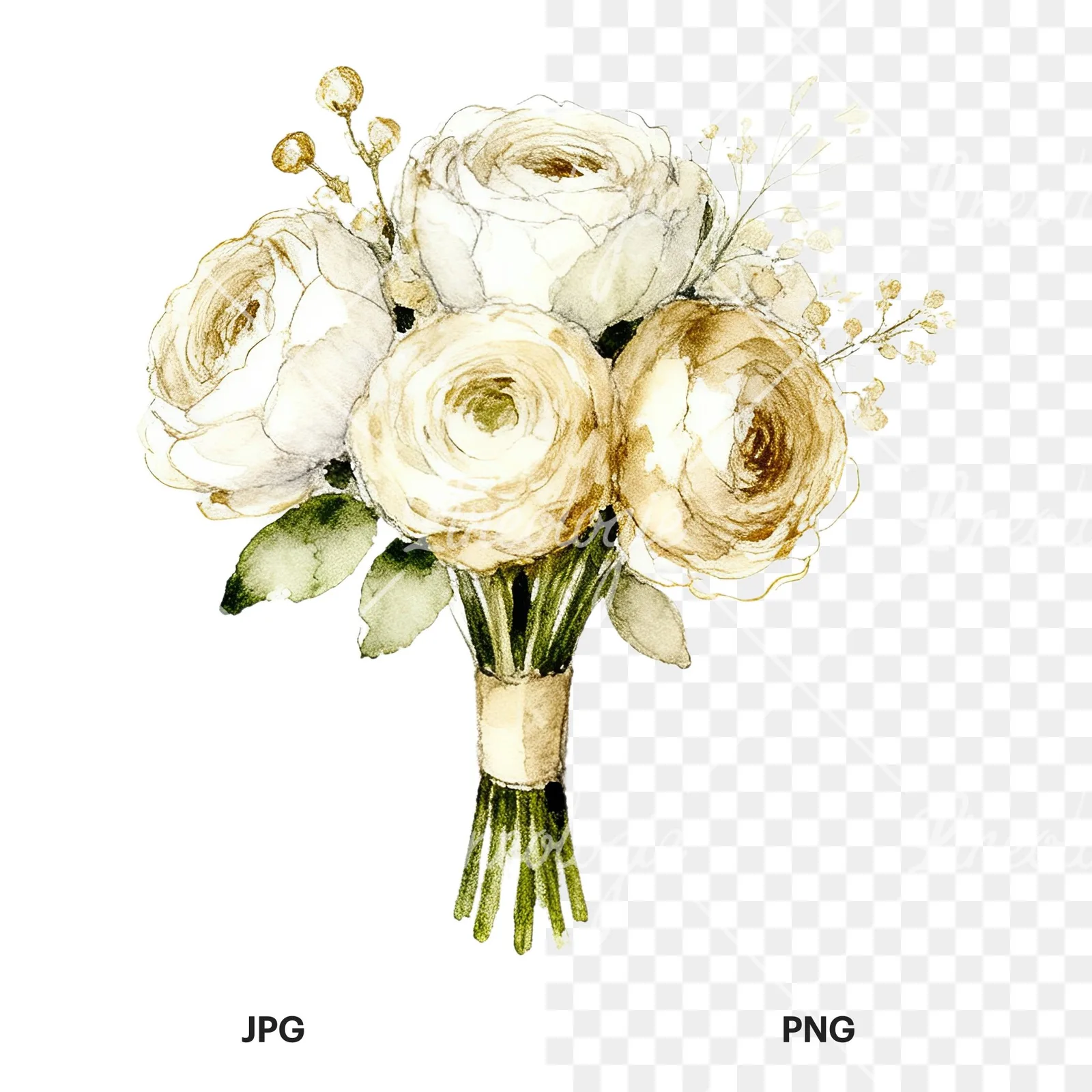 Watercolor champagne cream wedding bouquet clipart 7 of 12, as a JPG on white and a transparent PNG