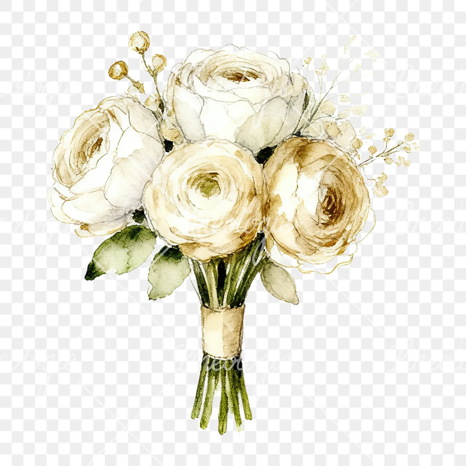 Watercolor champagne cream wedding bouquet clipart 7 of 12 on a transparent background (PNG)