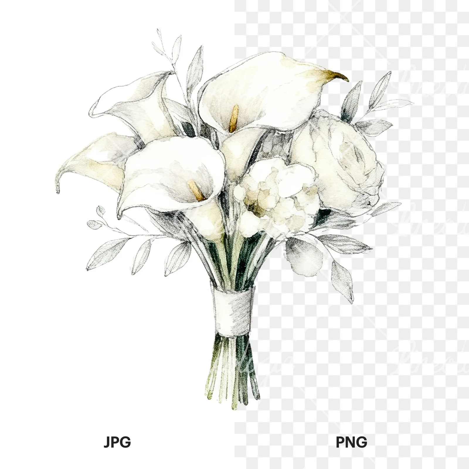 Watercolor champagne cream wedding bouquet clipart 8 of 12, as a JPG on white and a transparent PNG