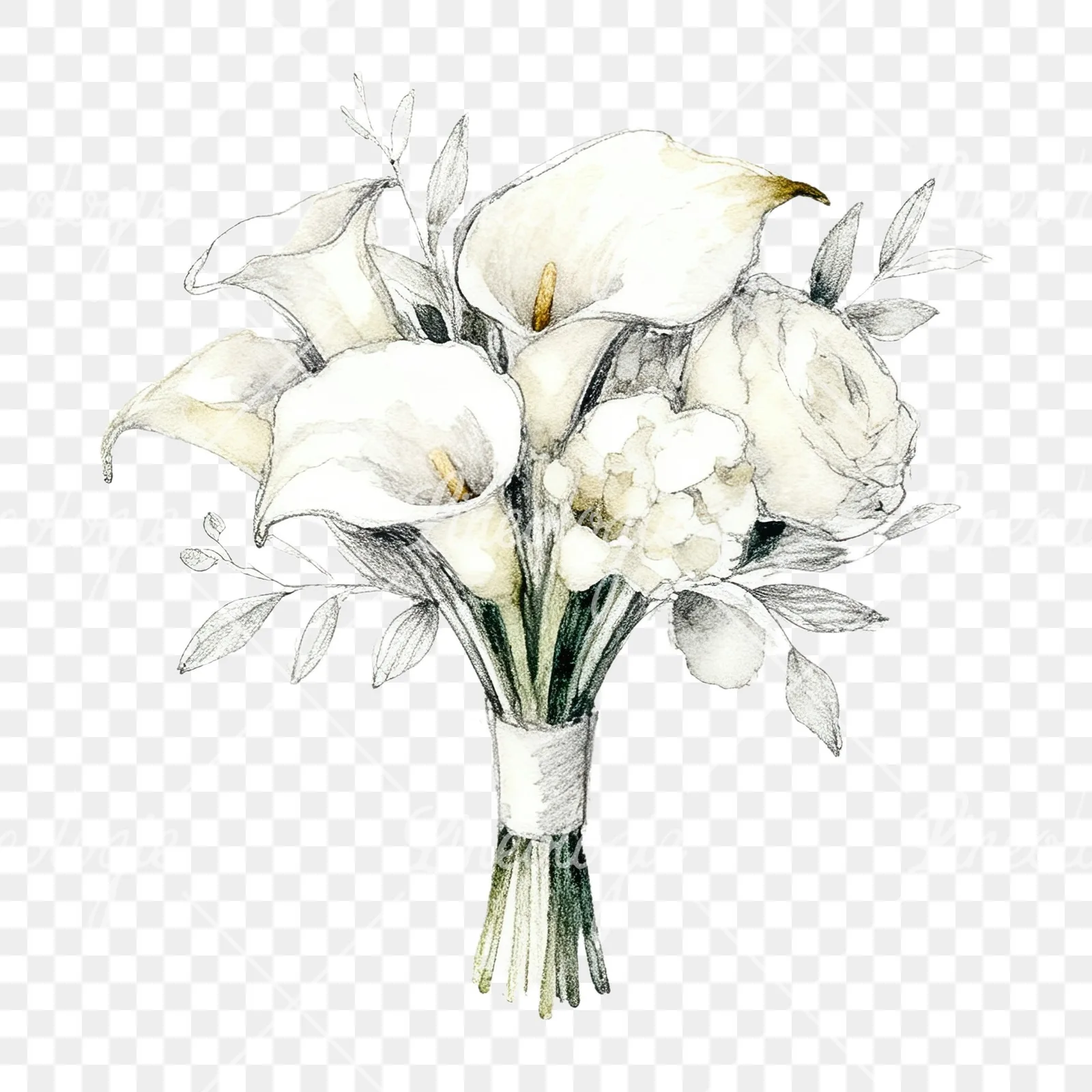 Watercolor champagne cream wedding bouquet clipart 8 of 12 on a transparent background (PNG)