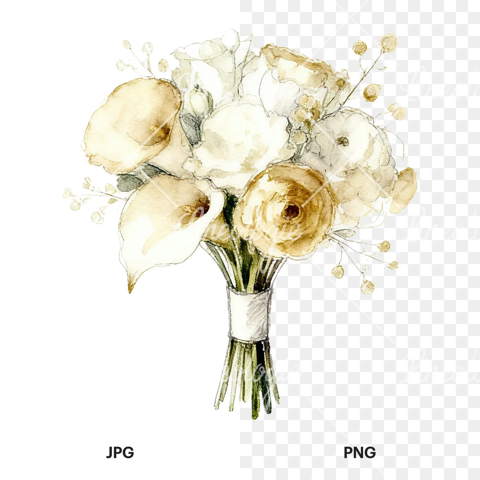 Watercolor champagne cream wedding bouquet clipart 9 of 12, as a JPG on white and a transparent PNG