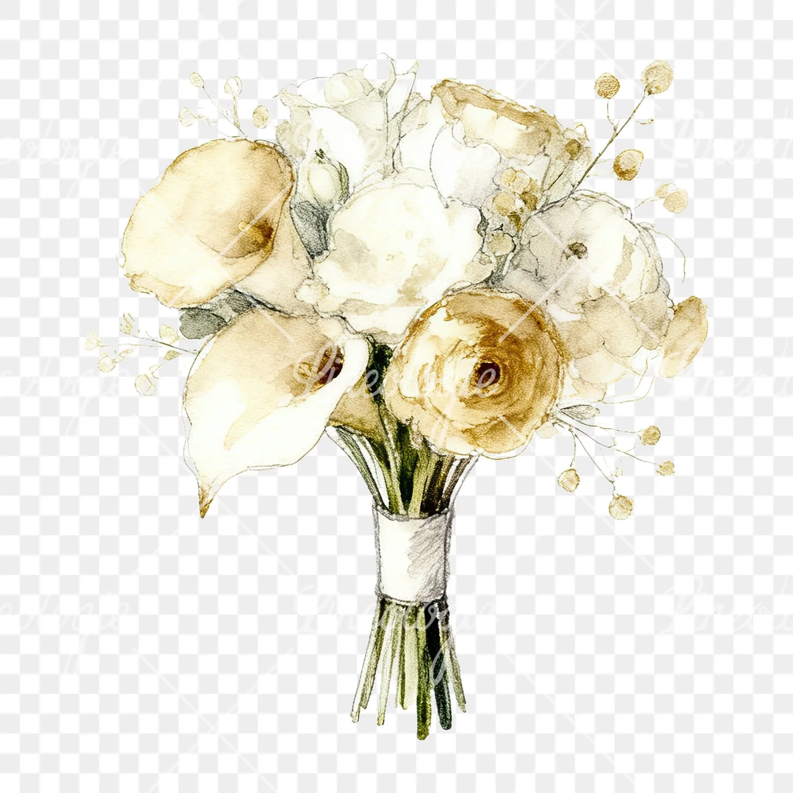 Watercolor champagne cream wedding bouquet clipart 9 of 12 on a transparent background (PNG)