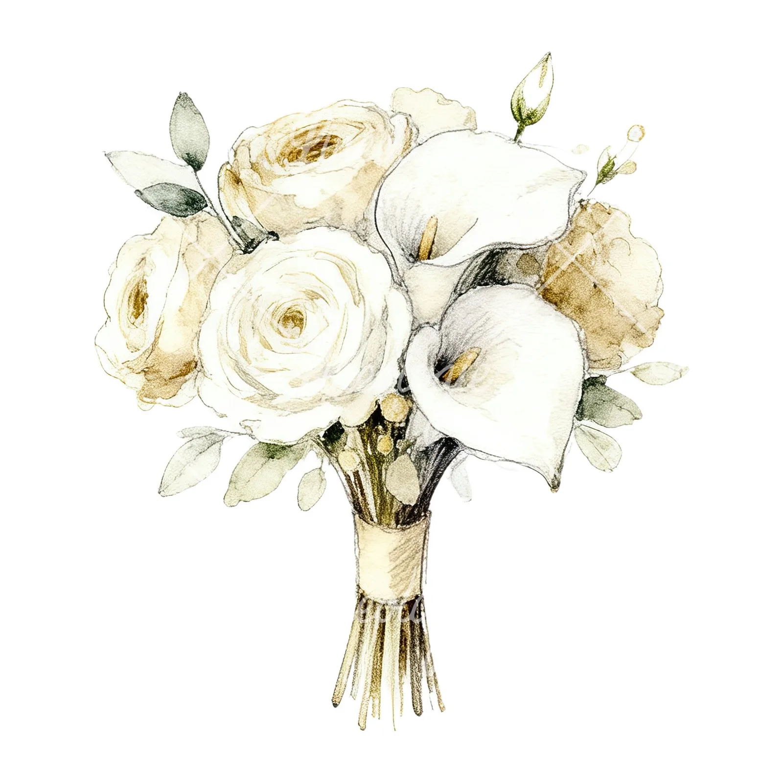 Watercolor champagne cream wedding bouquet clipart 10 of 12 on a white background (JPG)