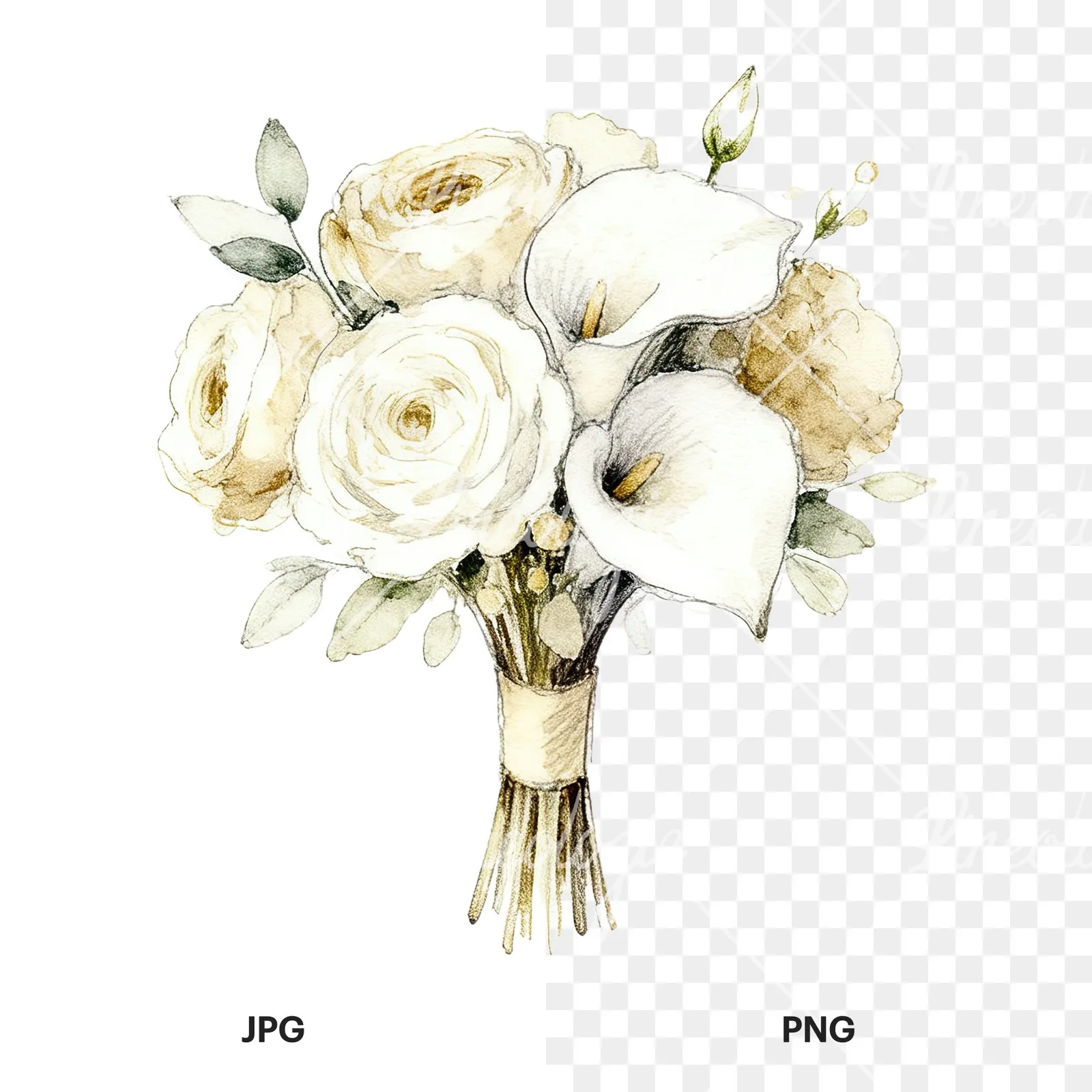 Watercolor champagne cream wedding bouquet clipart 10 of 12, as a JPG on white and a transparent PNG