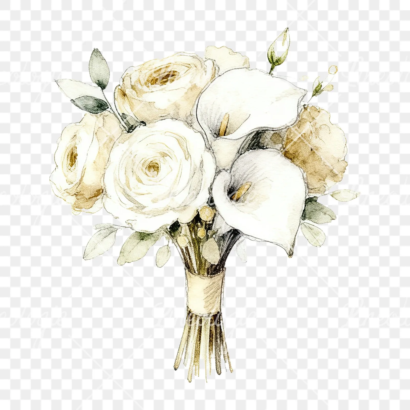 Watercolor champagne cream wedding bouquet clipart 10 of 12 on a transparent background (PNG)