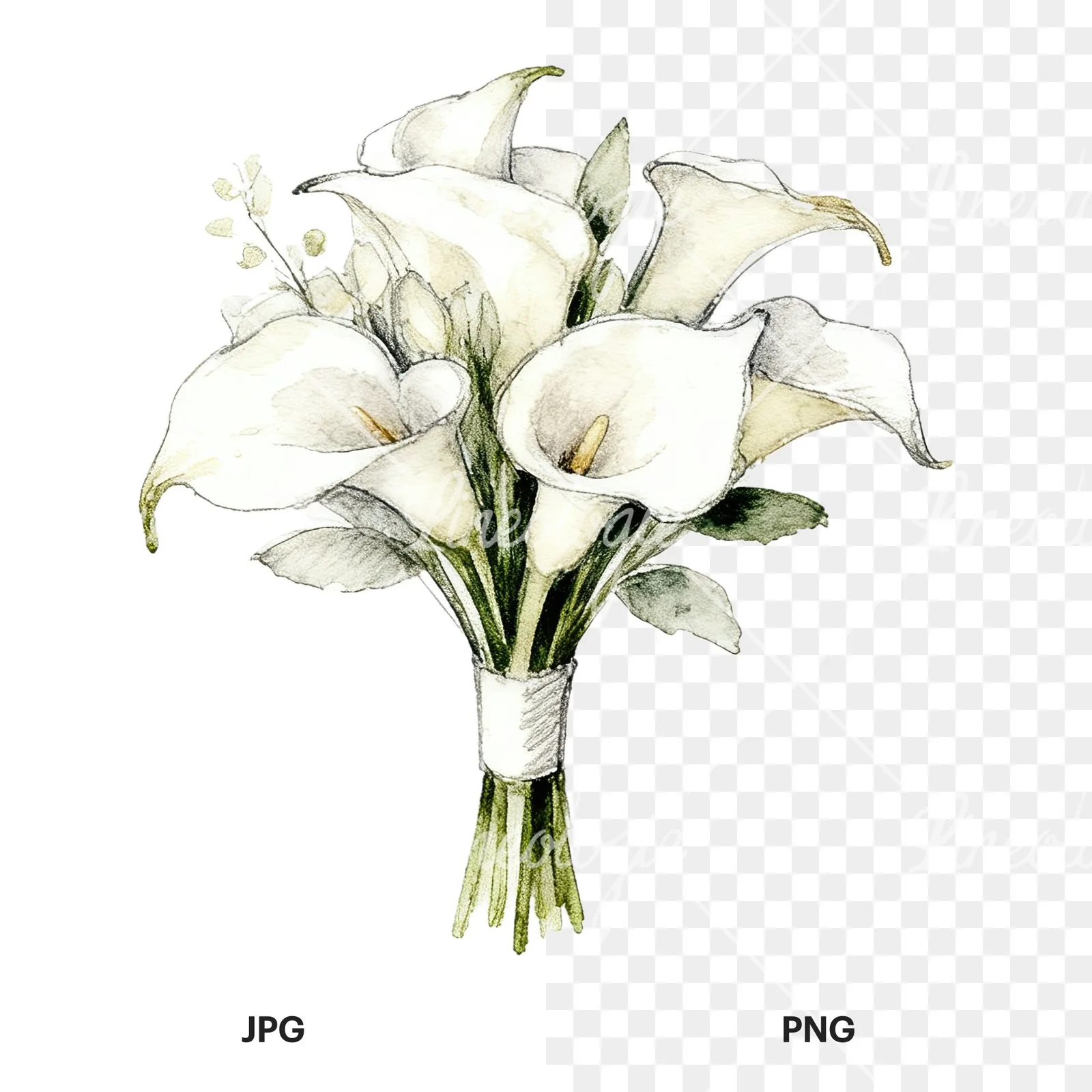 Watercolor champagne cream wedding bouquet clipart 11 of 12, as a JPG on white and a transparent PNG