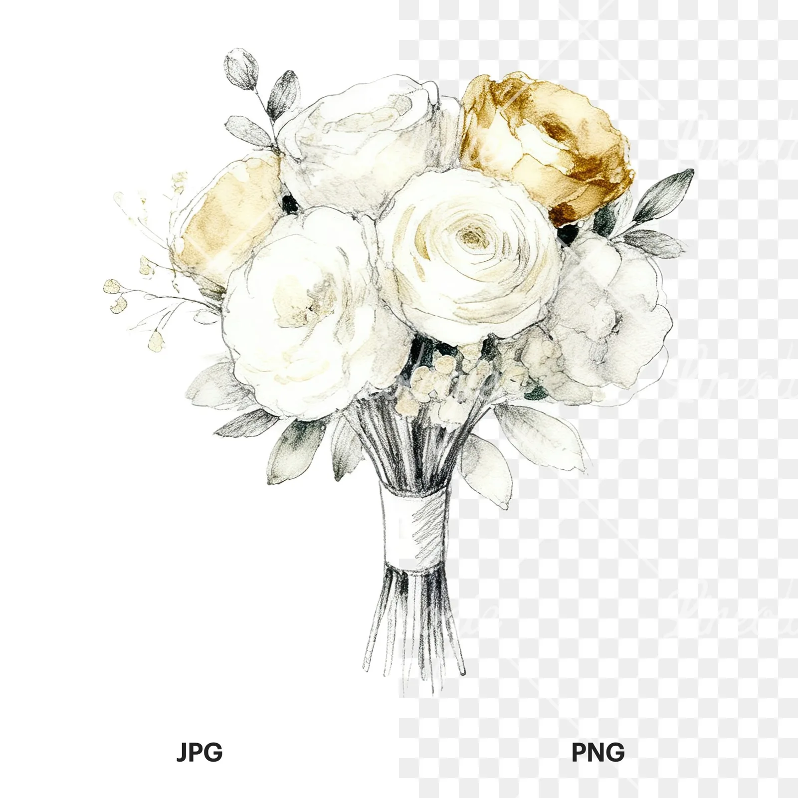 Watercolor champagne cream wedding bouquet clipart 12 of 12, as a JPG on white and a transparent PNG