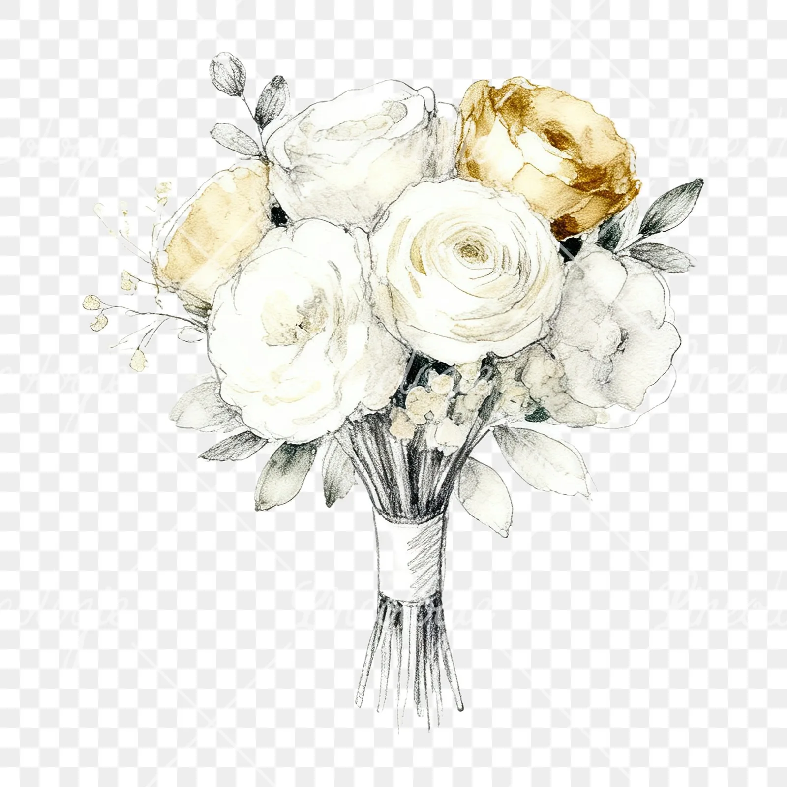 Watercolor champagne cream wedding bouquet clipart 12 of 12 on a transparent background (PNG)
