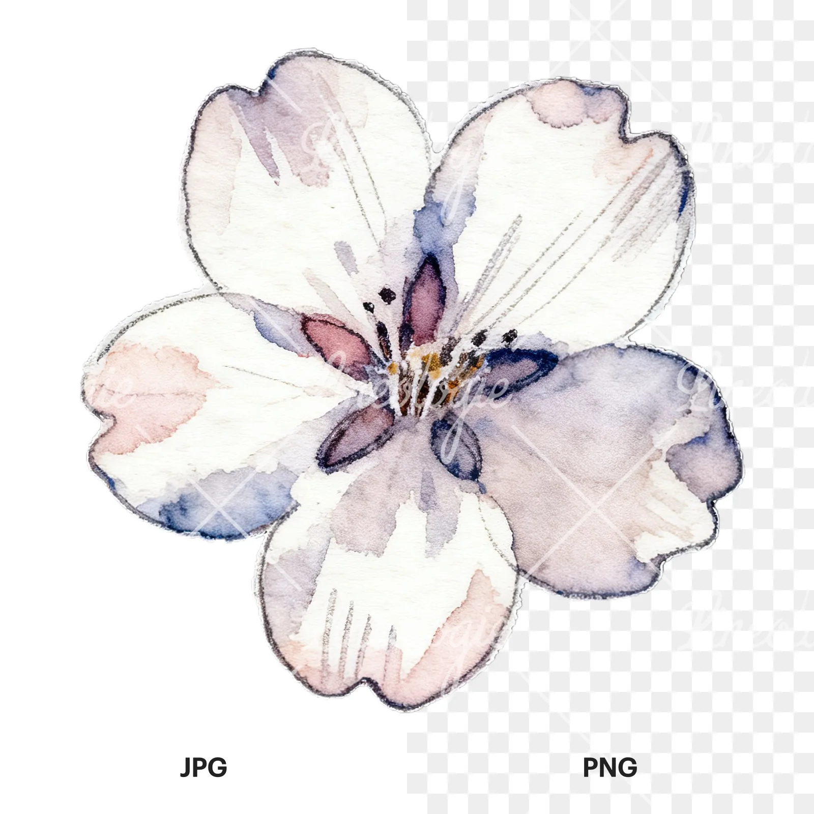 Watercolor pink and purple cherry blossom clipart 6 of 12, as a JPG on white and a transparent PNG